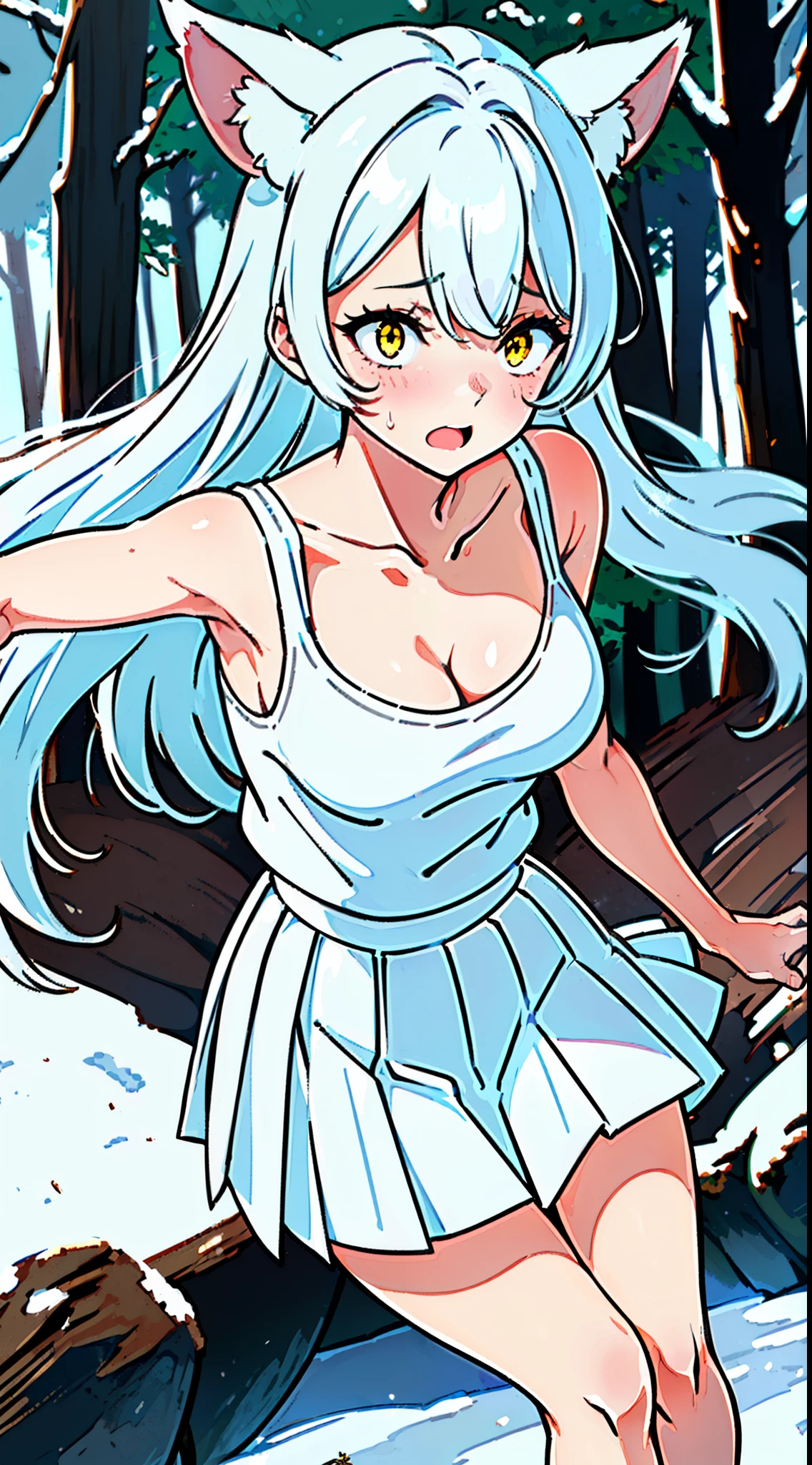 1girl,solo,medium breasts,mature female,((white sleeveless and shoulderless t-shirt,cleavage)),(((white pleated skirt,bare feets))),silver hair,long hair,yellow eyes,fox ears,((snow,in forest)),looking to the viewer,standing,from front,full blush, embarrassed,(constricted pupils, small pupils),open mouth