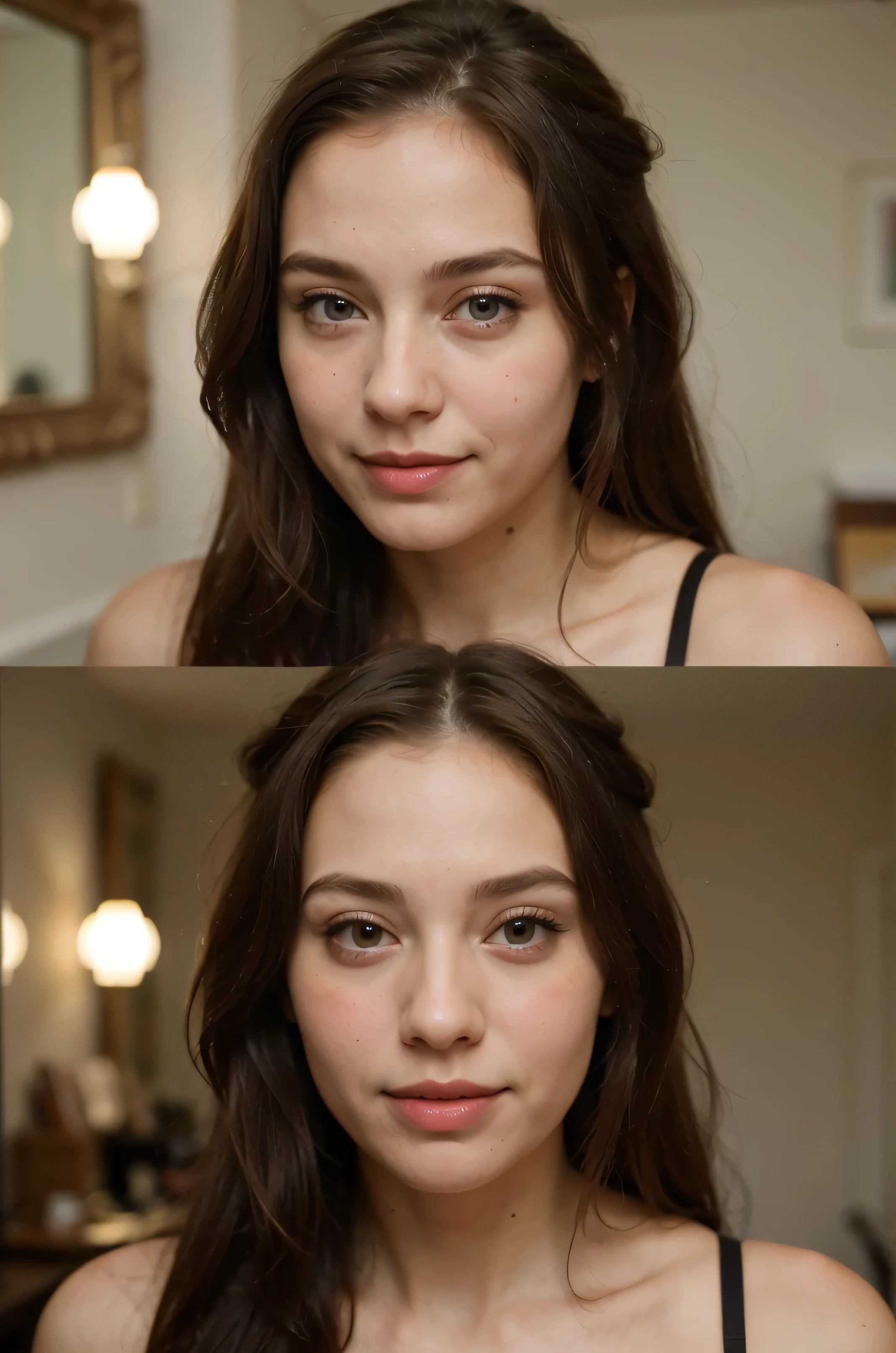 ((best quality)), ((masterpiece)), (detailed), perfect face. Create a brunette girl with bumps with normal big size eyes of hazel-green color. her lips are full she has a blossom mouth. she has dimples and she is smiling