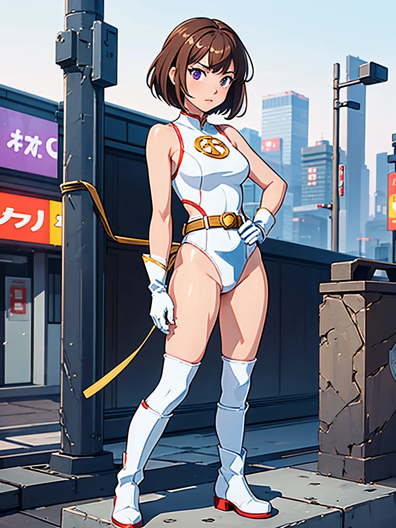 1girl, medium breasts, leotard, white and red leotard, bare legs, tight belt, gold belt, boots, matching boots, ankle boots, white boots, gloves, white glove, city backdrop, tokyo city backdrop, solo, single, hands on hip, standing, full body shot, cowboy shot, superhero, beautiful detailed eyes, mature lady, gold star symbol on chest, brown hair, short hair, Bob hair, purple eyes, sleeveless, perfect anatomy, masterpiece