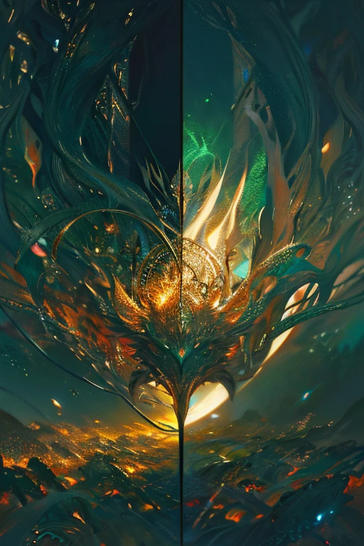 art by   aaron horkey, , , ultra highly detailed, 32k, sharp focus, luminism, detailed oil painting, moon, detailed sky, dark wolf with big highly detailed, by Anato Finnstark . detailed landscape, northern tales aesthetic, dynamic movement, big reflective eyes, forest,glowing, swirling leaves, emerald fog, mystical, complex background, dynamic lighting, lights, intricated pose, highly detailed filigree, intricated, baroque, Hudson river school, Thomas Cole, masterpiece