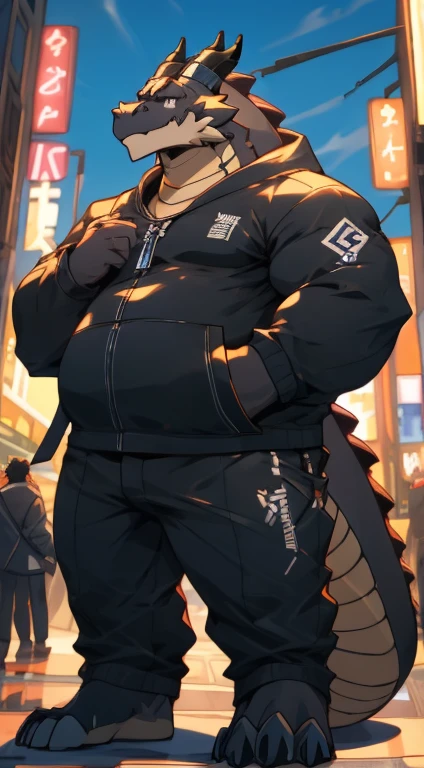 Herbivoredragon, solo,anthropomorphic, full body, chubby body,  black furr,stylish Hoodie suite, Tokyo cyber city, Midday , furry artistic, commission for hyper res, pixiv artwork