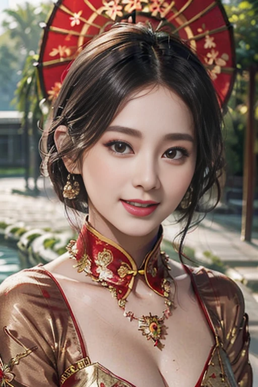 (best quality,ultra-detailed),(realistic:1.37),beautiful detailed eyes,beautiful detailed lips,smiling face,red Chinese dress,1girl,only,black hair,short hair,upper body,sun umbrella,mature woman,graceful,serene,Chinese garden,soft natural lighting,vibrant colors,floral pattern,traditional,youthful,traditional Chinese hairstyles,delicate jewelry,peaceful atmosphere