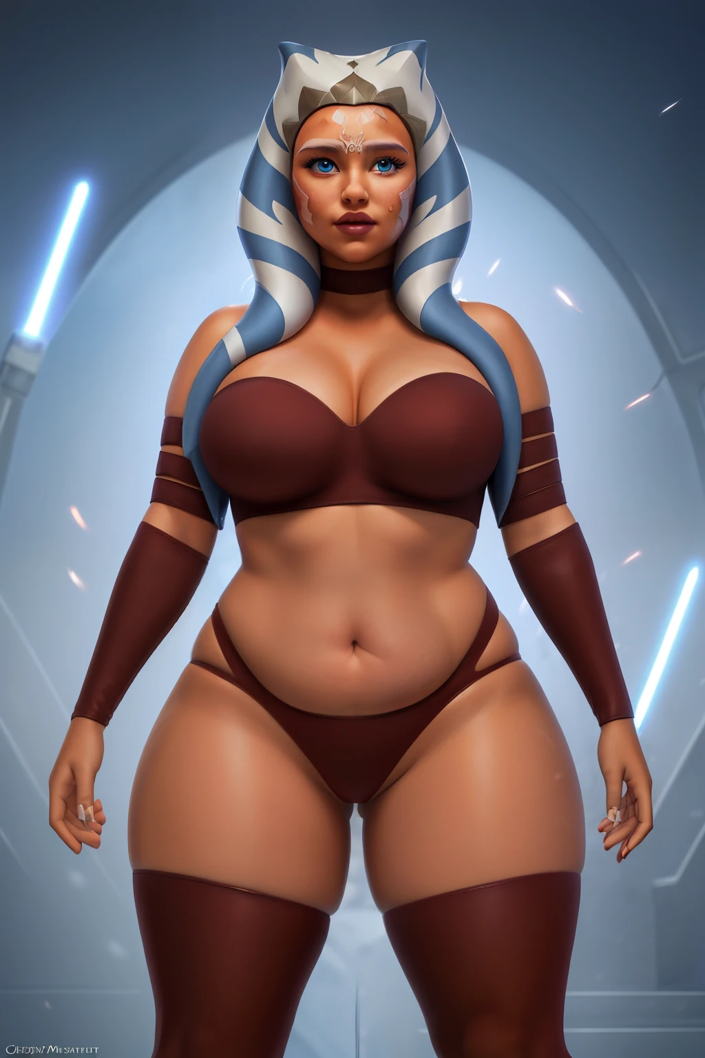 masterpiece, (photorealistic), (8k wallpaper) , (best quality), perfect quality, solo, (detailed eyes:0.9), girl, ahsoka tano, very beautiful, , face : ( very beautiful face, cute face, teen figure: ( very full body, very full figure, very thicc, very soft, very curvy, very chubby, very chubby belly, love handles, sexy curves, sexy pose, sexy, muffin top, thick thighs, thunder thighs) , clothes : ( padawan clothes )