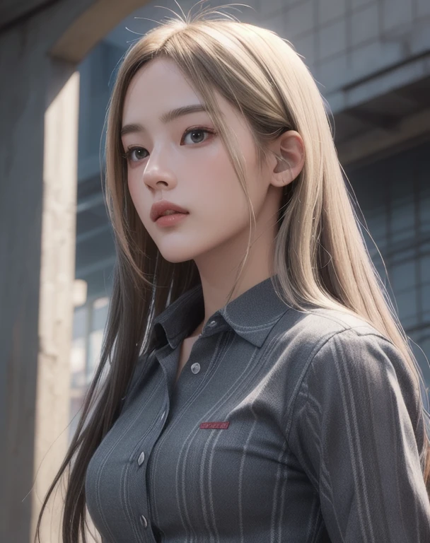 Photorealistic, masutepiece, Best Quality, Raw photo, 1girl in, Solo, Long hair, Blonde hair, Detailed face, alluring face, charcoal gray button-up shirt, medium breasts, Dynamic Pose, Looking at Viewer, From below, Detailed background, fine detailed, intricate detailes, Ray tracing, depth of fields, lowkey, nffsw