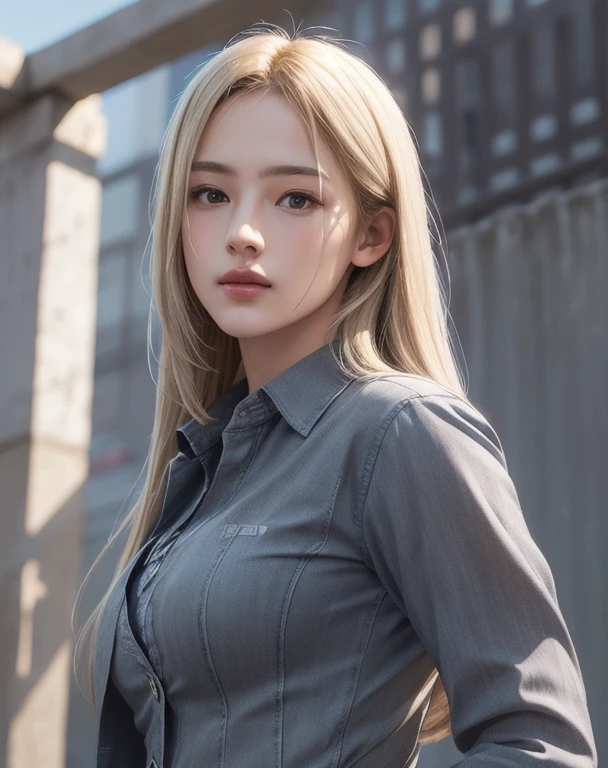 Photorealistic, masutepiece, Best Quality, Raw photo, 1girl in, Solo, Long hair, Blonde hair, Detailed face, alluring face, charcoal gray button-up shirt, medium breasts, Dynamic Pose, Looking at Viewer, From below, Detailed background, fine detailed, intricate detailes, Ray tracing, depth of fields, lowkey, nffsw