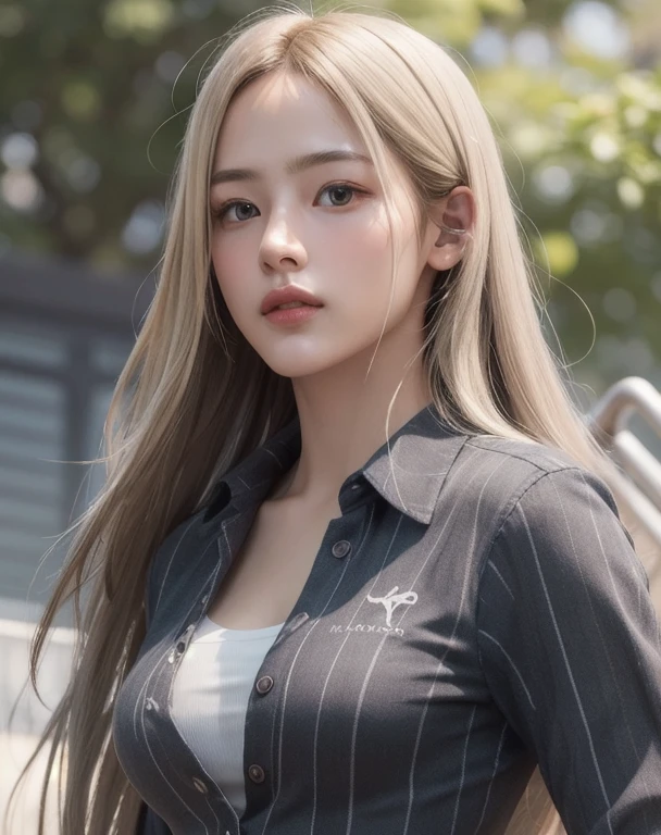 Photorealistic, masutepiece, Best Quality, Raw photo, 1girl in, Solo, Long hair, Blonde hair, Detailed face, alluring face, charcoal gray button-up shirt, medium breasts, Dynamic Pose, Looking at Viewer, From below, Detailed background, fine detailed, intricate detailes,  Ray tracing, depth of fields, lowkey, nffsw