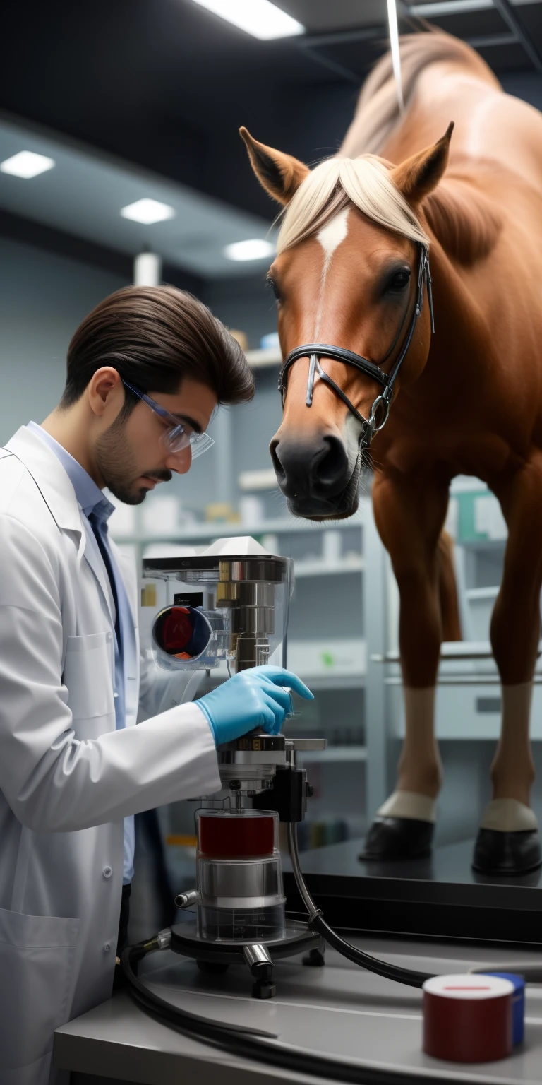 Hombre arafed en bata de laboratorio trabajando en un modelo de caballo, anatomically correct equino, en un laboratorio, equino, conspirólogo local, Escena de laboratorio interior, foto fija, en un laboratoriooratory, Foto de portada, Toma de retrato, Imagen realista verdadera, sentado en una mesa de laboratorio, in a research center, foxish guy en un laboratorio coat, Scientific research, en laboratorio