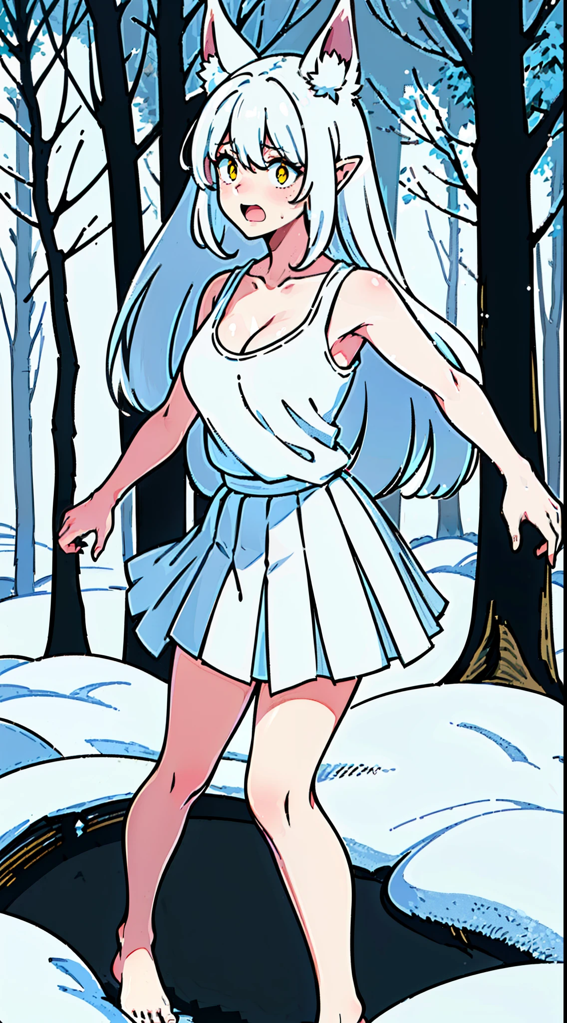1girl,solo,medium breasts,mature female,((white sleeveless and shoulderless t-shirt,cleavage)),(((white pleated skirt,bare feets))),silver hair,long hair,yellow eyes,fox ears,((snow,in forest)),looking to the viewer,standing,from front,full blush, scared,(constricted pupils, small pupils),open mouth