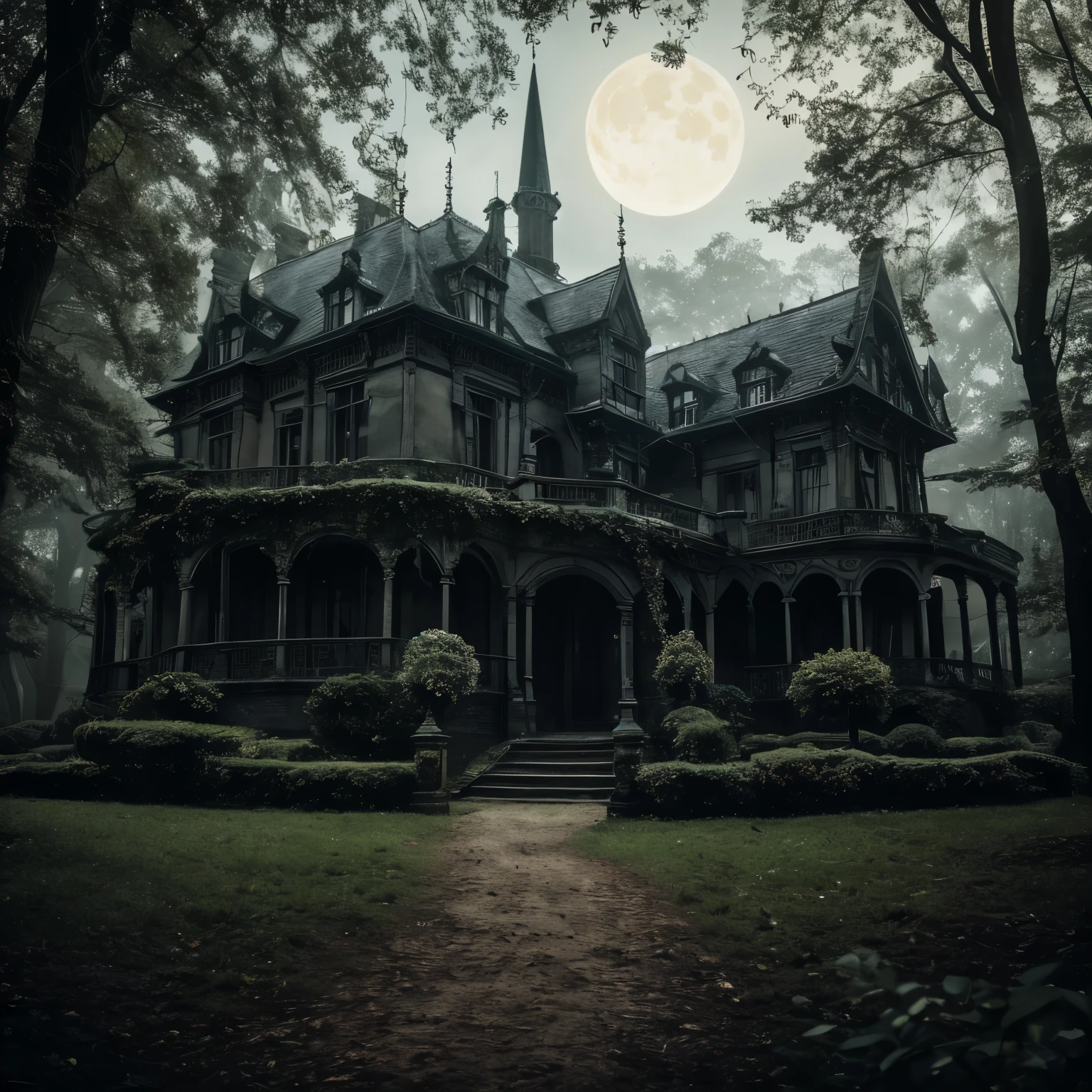 (best quality,4k,HD,highres,masterpiece:1.2),huge,giant,mansion,manor,haunted,goth,gothic,dark,old,gloomy,haunted manor,haunted,forest,trees,mossy walls,overgrown garden,twisted vines,midnight blue sky,full moon,ominous atmosphere,flickering candlelight,creepy shadows,cracked windows,bats flying around,antique furniture,dusty chandeliers,victorian architecture,aged wooden floors,secret passages,whispering voices,isolated location,mysterious figures lurking,enchanted spells,goth-inspired artwork,baroque details,secret garden entrance,hauntingly beautiful scenery,spooky legends,living portraits,ethereal beauty,moonlit pathway,cobwebs hanging from the ceiling,hint of mist,decrepit statues,haunting forest sounds,shadows dancing in the moonlight,echoing footsteps,crimson roses with thorns,hauntingly delicate music playing in the background