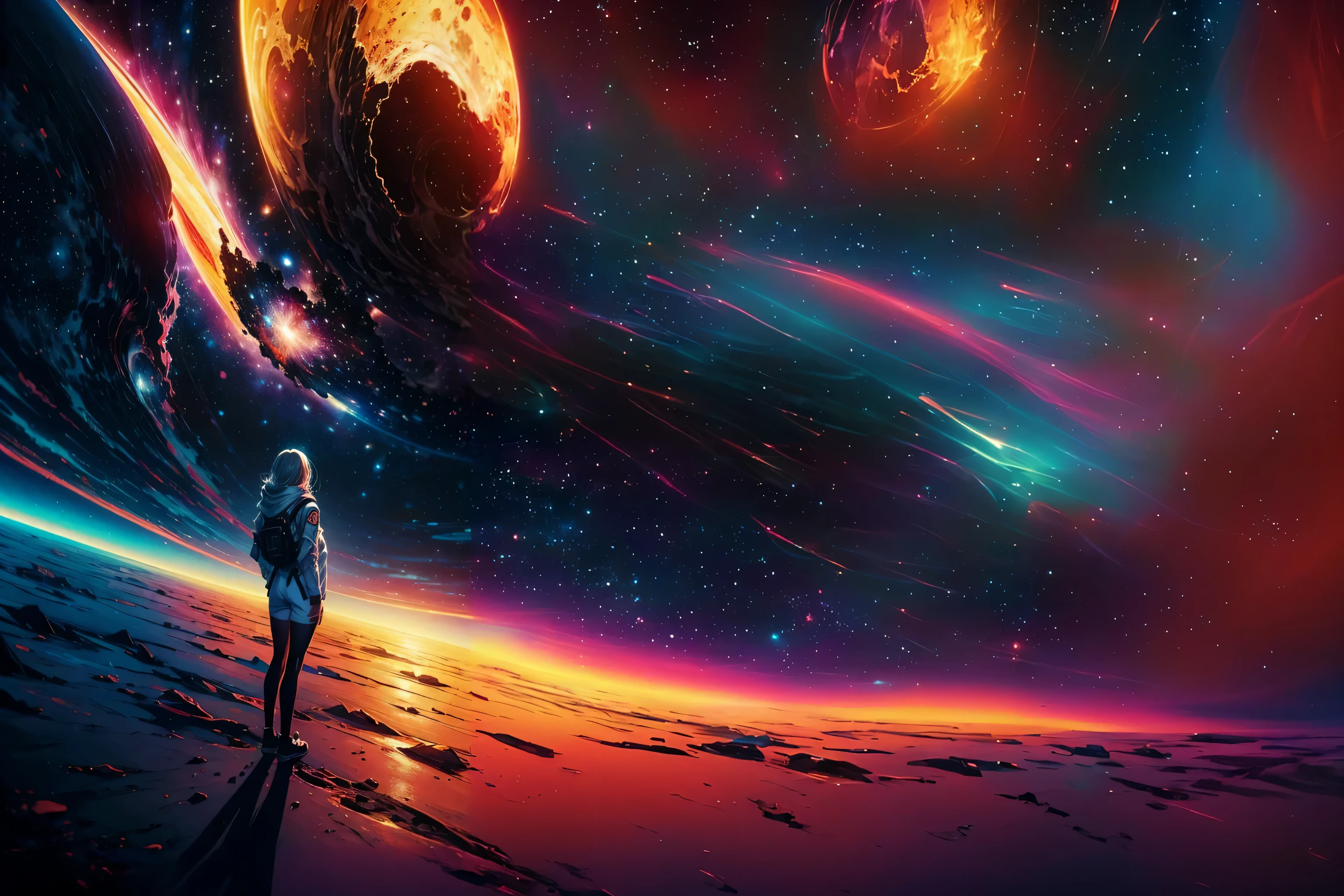 " cuerpo completo, Plano medio, centrado, arte conceptual, 1girl, traje de astronauta, Obra maestra galardonada, Rendered in anime style with an oil painting effect. (A vibrant illustration captures horror in a cosmic atmosphere.. Wide shot of a desert location shown in high definition and stunning 64K resolution), panoramic, ."