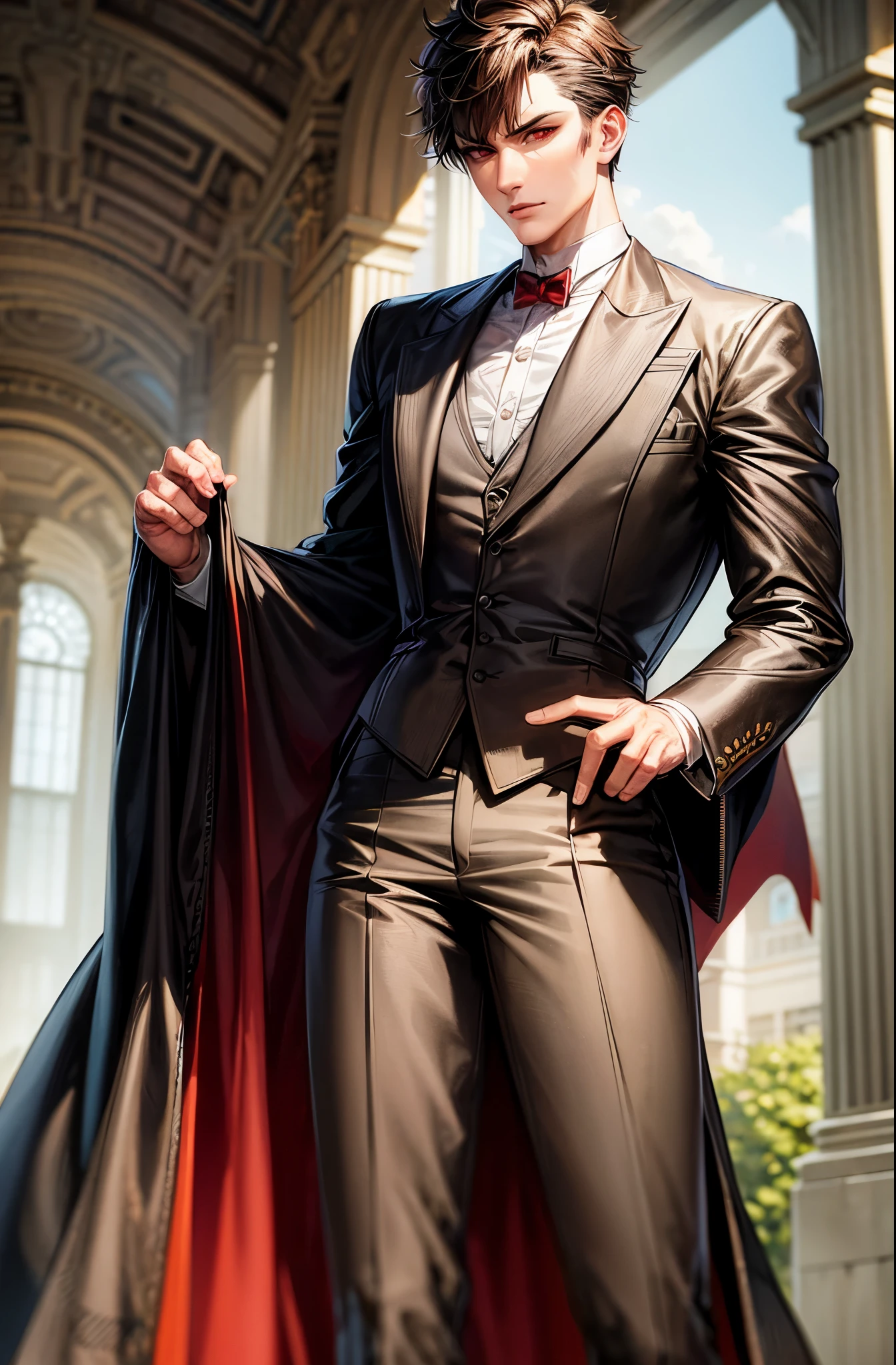 (flat color:1.1),(masterpiece:1.2), best quality, masterpiece, original,short brown hair, mature elegant and handsome man with red eyes, wearing victorian vampire hunter outfit