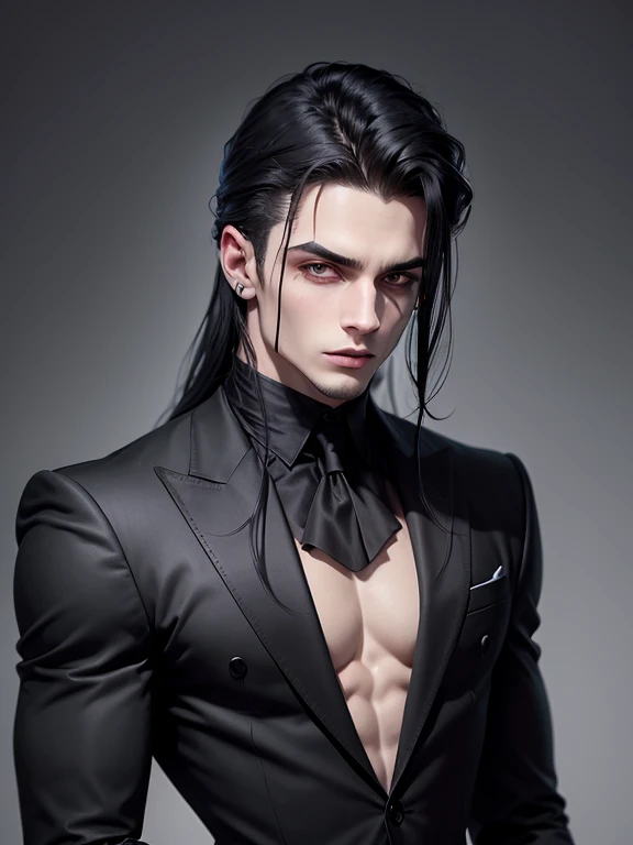 um vampiro muito bonito, corpo masculino, Rosto detalhado, corpo detalhado, cabelos loiros, wearing a black suite, respingos de sangue, cabelo loiros, Brincos, o fundo velho castelo fantasia, sangue flutuando.