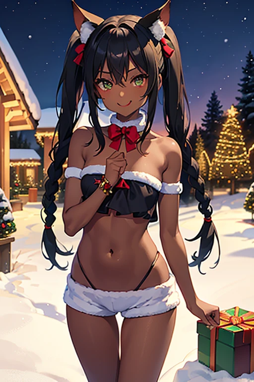 nsfw、masterpiece、best quality、(((super detailed dark skin)))、full body shot、(sexy pose:1.3)、1catgirl、(((adult woman)))、jadegreen eyes、dark bodyskin、cat ears、horse tail、hair/(braided side pigtails)、flipped hair、midnight black hair、cleavage、(arms free)、(shoulders free)、(neck free)、top/(small torn christmas top:1.3)、hotpants/(small tight christmas hotpants)、standing outdoors in snowy、background/(christmastree with presents)、cheeky smile、sticking tongue out