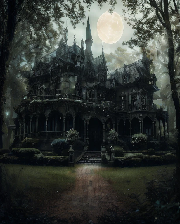 (best quality,4k,HD,highres,masterpiece:1.2),huge,giant,mansion,manor,haunted,goth,gothic,dark,old,gloomy,haunted manor,haunted,forest,trees,mossy walls,overgrown garden,twisted vines,midnight blue sky,full moon,ominous atmosphere,flickering candlelight,creepy shadows,cracked windows,bats flying around,antique furniture,dusty chandeliers,victorian architecture,aged wooden floors,secret passages,whispering voices,isolated location,mysterious figures lurking,enchanted spells,goth-inspired artwork,baroque details,secret garden entrance,hauntingly beautiful scenery,spooky legends,living portraits,ethereal beauty,moonlit pathway,cobwebs hanging from the ceiling,hint of mist,decrepit statues,haunting forest sounds,shadows dancing in the moonlight,echoing footsteps,crimson roses with thorns,hauntingly delicate music playing in the background