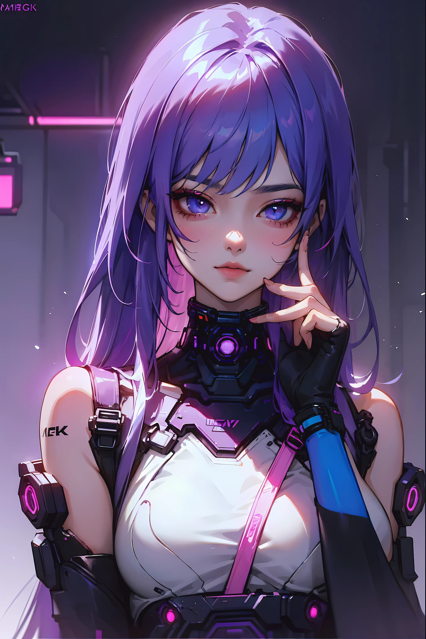 neon light, intricate, futuristic, beautiful girl, purple hair, best quality, high resolution, unity 8k wallpaper, beautiful cyberpunk background, small breast, fully covered, cool girl, undercover attire, perfect eyes, perfect hands