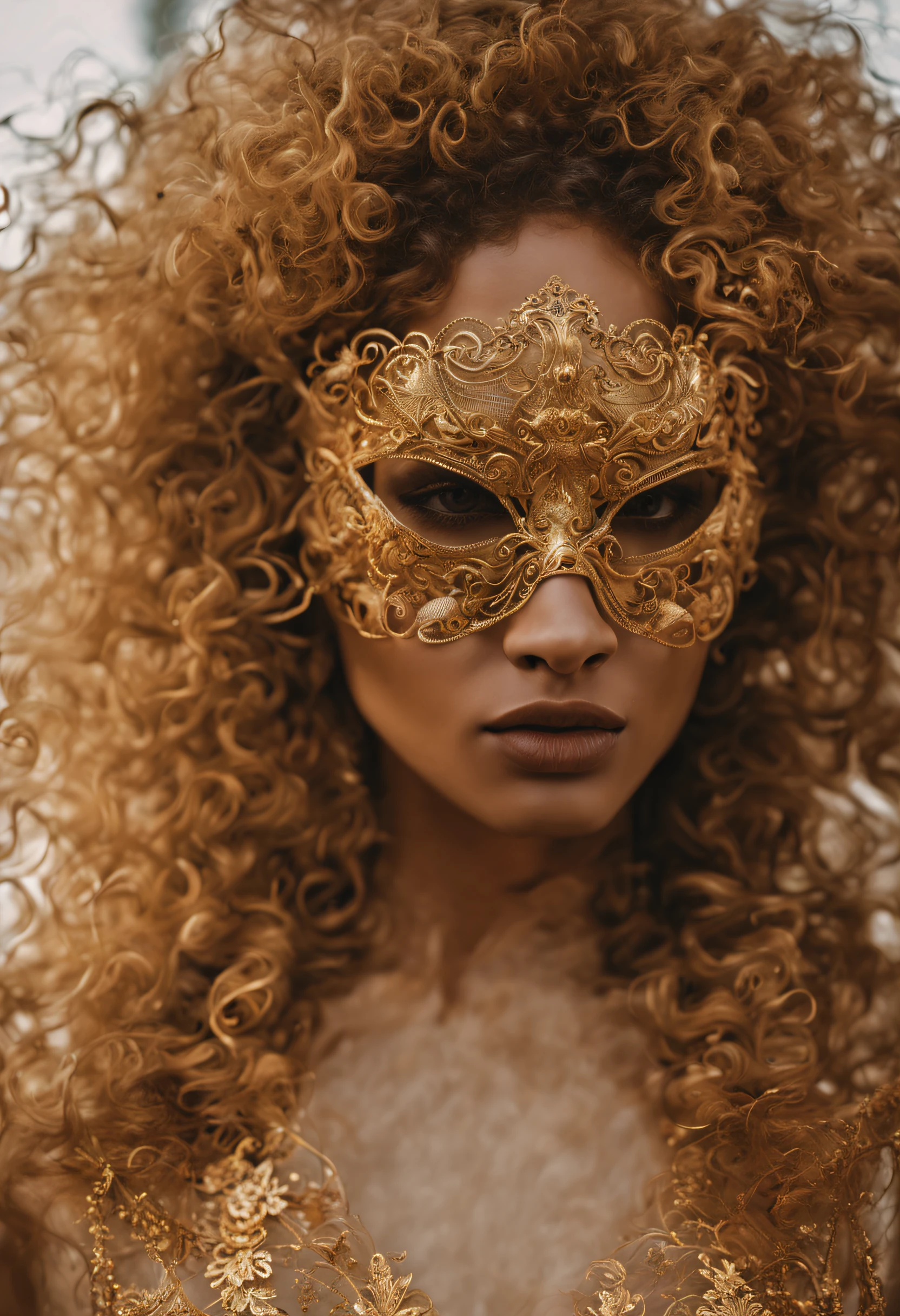 supermodel with detailed long curly frizzy flowy hair, wearing golden (translucent and intricately embroidered) (metallic surgical mesh mask) covering face, ((obscured mouth)), wearing weird future fashion, luxurious and intricate golden accents, cinematography, intricately detailed, crafted, meticulous, magnificent, maximum details, extremely hyper aesthetic, bokeh, professional photoshoot