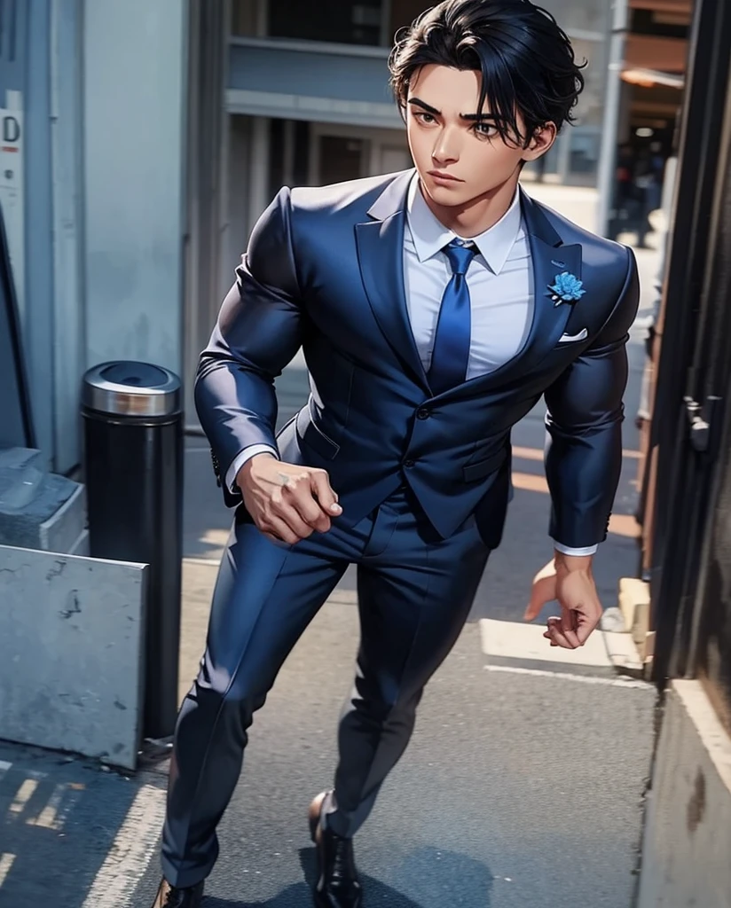 21-year-old man, medium black hair, dark skin, muscular, blue formal suit