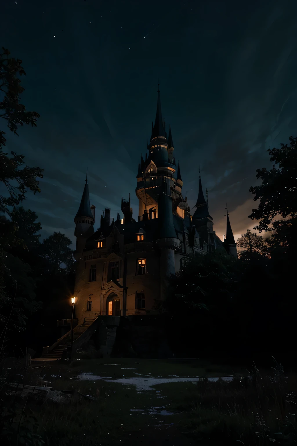 a castle in the abandoned forest at night
