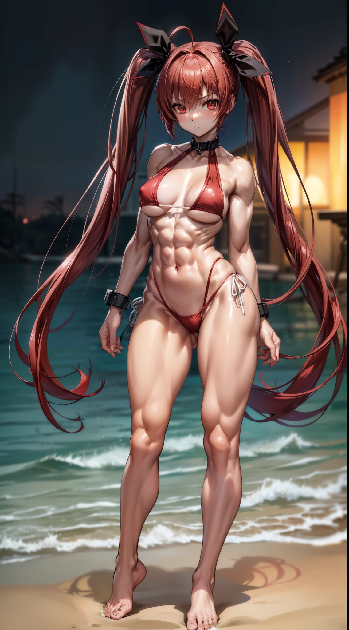 1 girl, (medium breasts))), (((wearing short bikini))), (((long red hair))), (((red eyes))), thin arms, (on the beach at night with starry sky and full moon blood), (slim waist), (((muscular legs))), muscular belly, bare feet, (Stand up)(((showing your big ass to me))), (full body photo ), (red eyes, (((twintails))), Long Eyes, reflex eye, bad mood, anime, anime style, ray tracing, shine, drop shadow, panorama, Sony FE, 8k, UDisk, master piece, Accurate, Anatomically Correct, Super Detail, Best Quality, Ultra High Resolution, Hard Drive, 16K