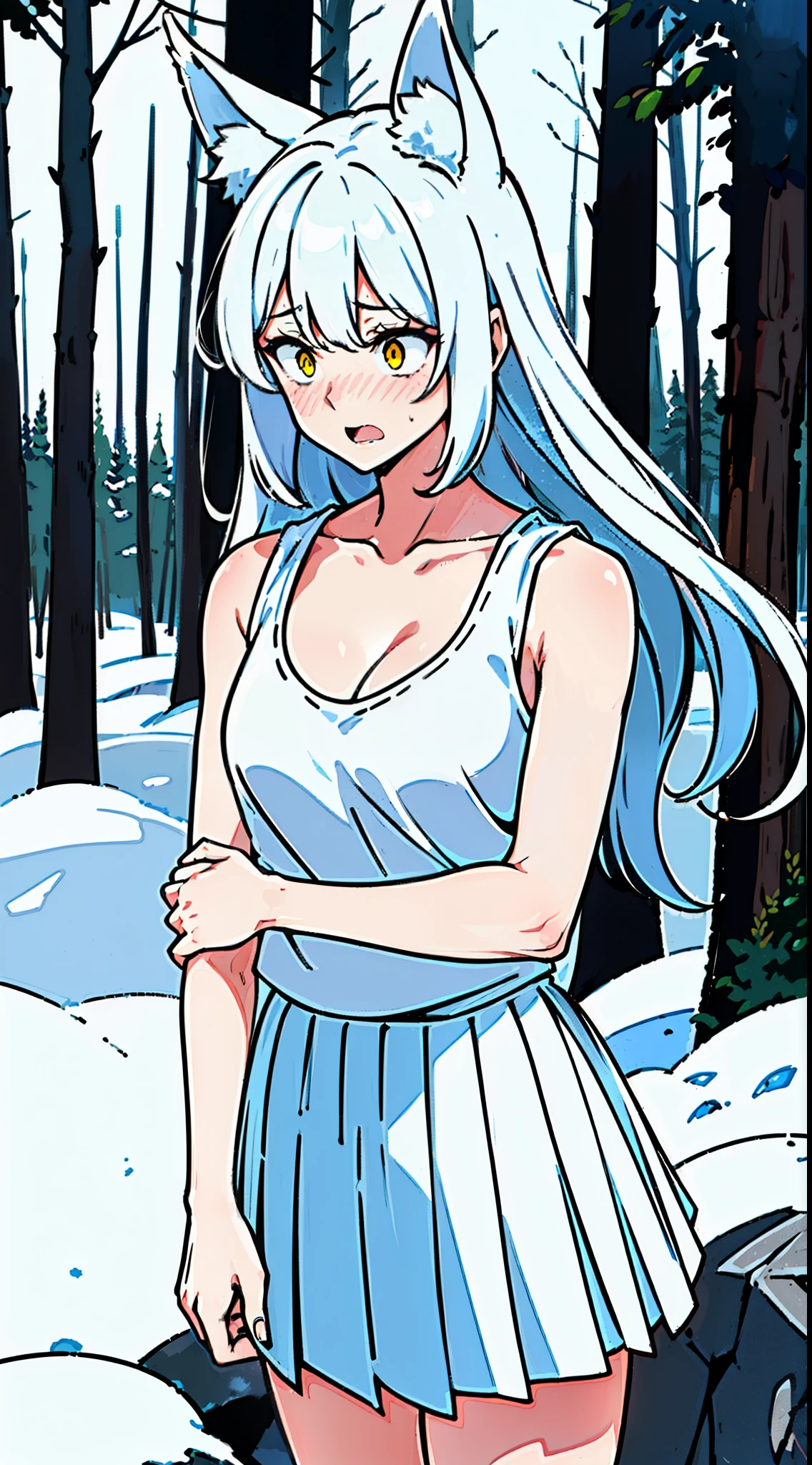 1girl,solo,medium breasts,mature female,((white sleeveless and shoulderless t-shirt,cleavage)),(((white pleated skirt))),silver hair,long hair,yellow eyes,fox ears,((snow,in forest)),looking away,standing,from front,full blush, scared,(constricted pupils, small pupils),open mouth,