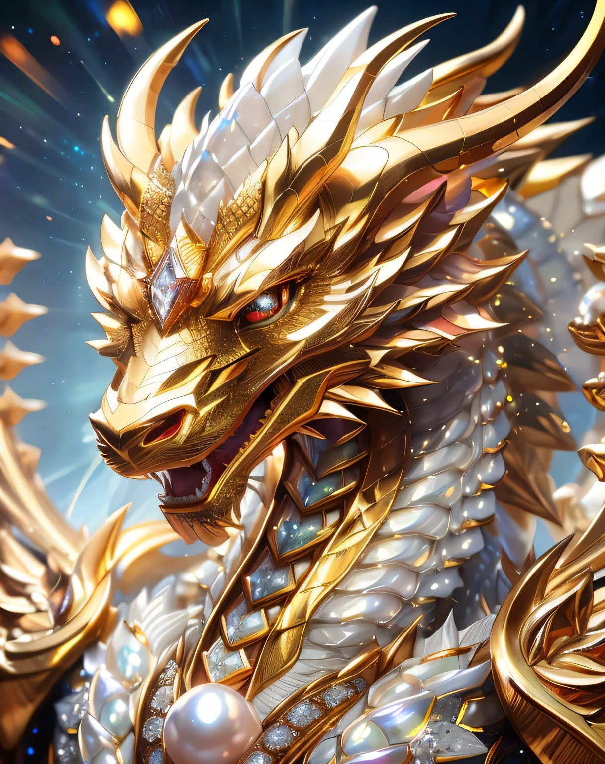 gleaming diamond dragon with golden accents, radiating light, amidst brilliance, symetrical hyperdetailed texture, pearl filigree, concept art, artstation, perfect composition, masterpiece, glittering professional photography, macro, natural lighting, canon lens, shot on dslr 64 megapixels sharp focus ethereal