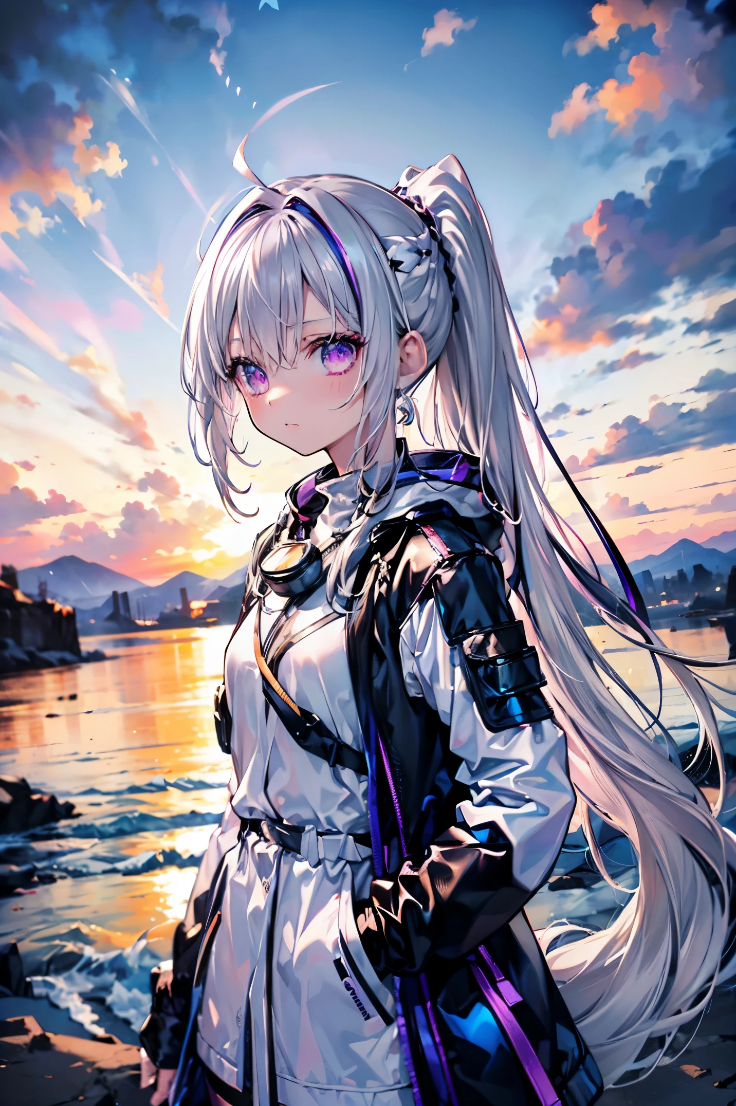 Masterpiece, Best picture quality, Extreme vividness, Anime girl with curly ponytail, petite figure, white functional coat, small, blue-purple gradient ski goggles, cyberpunk, gray hair, natural casual style, dynamic stance, golden section, portrait with large aperture, cool tones, strong visual impact, white space, light and shadow contrast, super texture, sunset afterglow, super clear picture,  picture