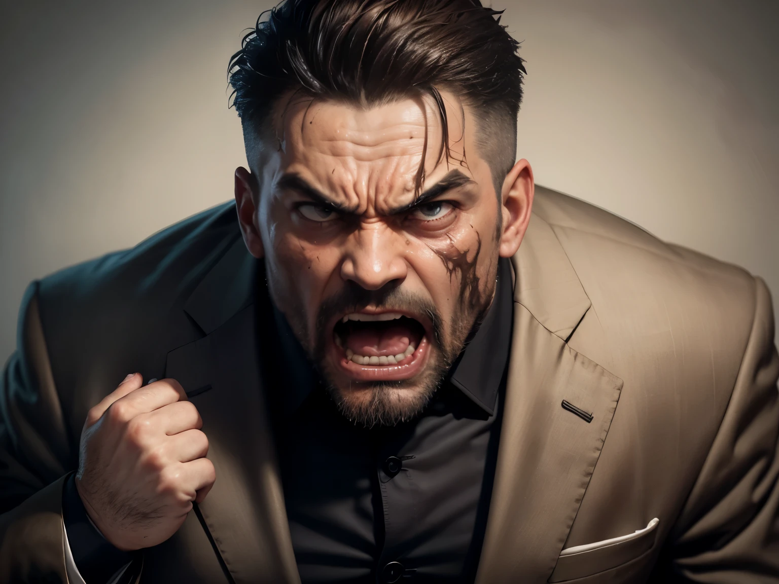angry screaming man 40 years old full of anger and aggression, his whole face is smeared with brown mud, He is dressed in a suit. A man dressed in a suit with a dirty face screams in anger