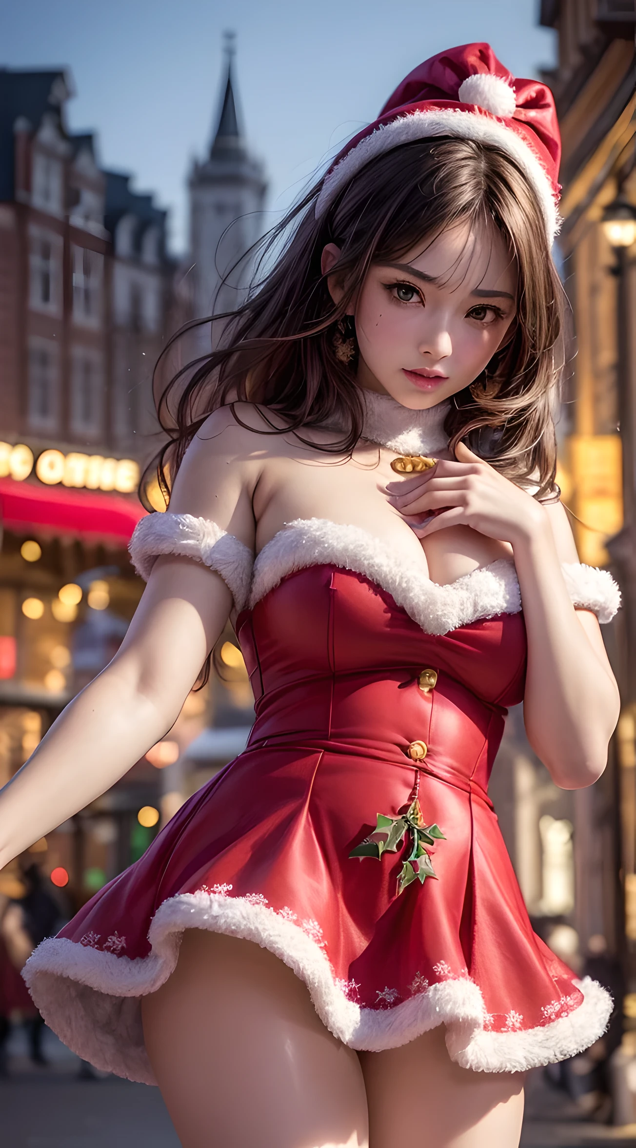 (((SFW))), (1.femele, Solo), 8K, ((masutepiece)),(((top-quality))),((Ultra-detailed)),((((Realistic)))), Photorealsitic:1.87, (A hyper-realistic), (hight resolution), (ighly detailed), (ultra-detailliert), (wall-), (详细的脸), (Beautiful expression), ((Details Top quality skins:1.2)), ((Reddish blush)), (hyper detailed background, Detailed background), (Beautiful and aesthetic: 1.2), Extremely detailed, Wearing miniskirt Santa Claus costume, Santa Claus costume with warm fur, stand on main street, cakes are sold in front of the shop, A beautiful cafe storefront, Gorgeous Christmas decorations, Colorful illumination lighting, night street scene