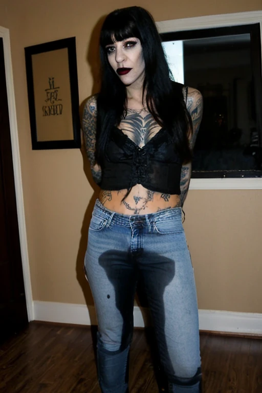 photo, woman, goth, ((peeing self)), black hair, bangs, elvira, tattoos, septum piercing, turned around, skinny jeans, shocked, back facing camera, bending over, inside