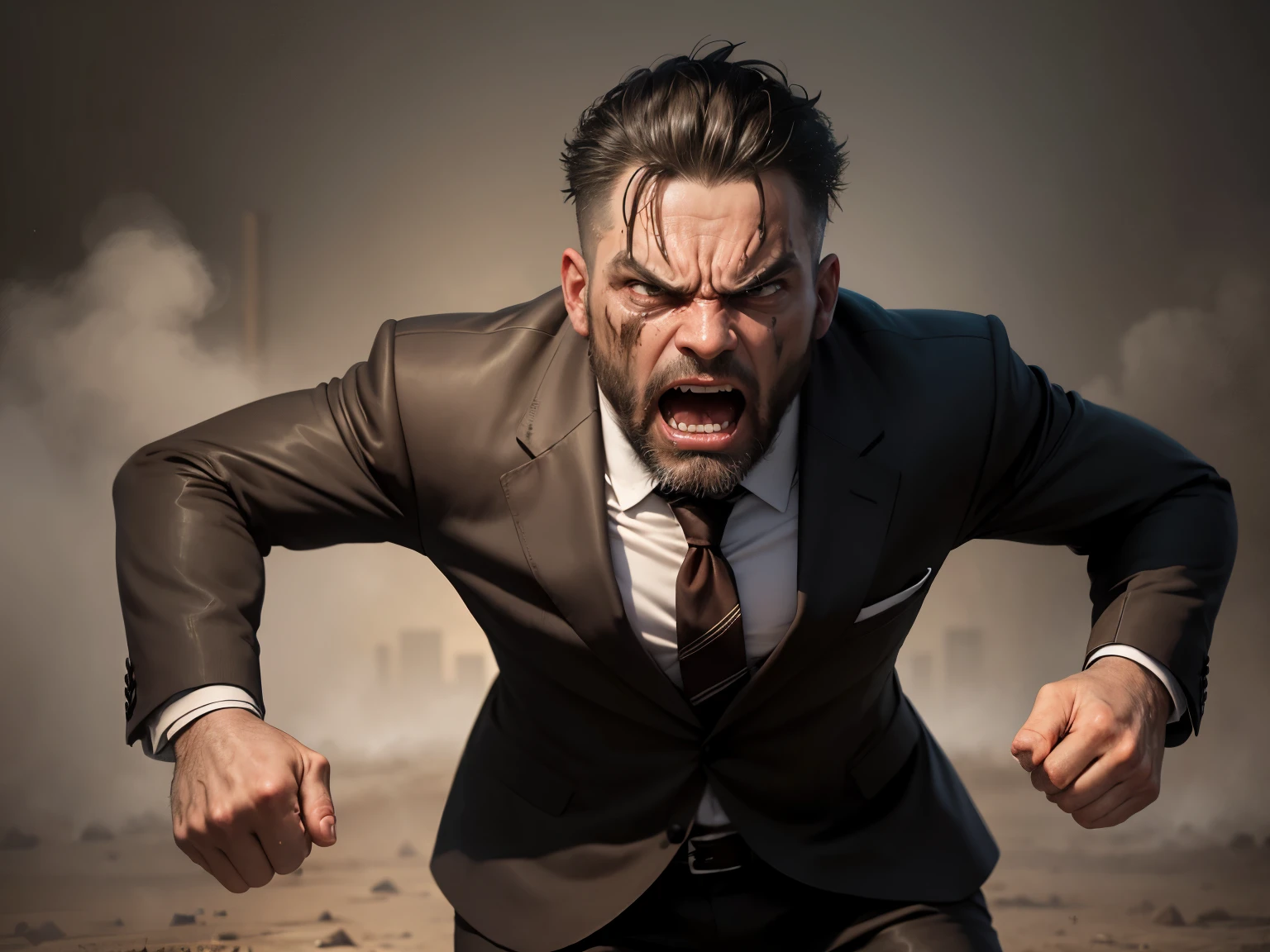 angry screaming man 40 years old full of anger and aggression, his whole face is smeared with brown mud, He is dressed in a suit. A man dressed in a suit with a dirty face screams in anger