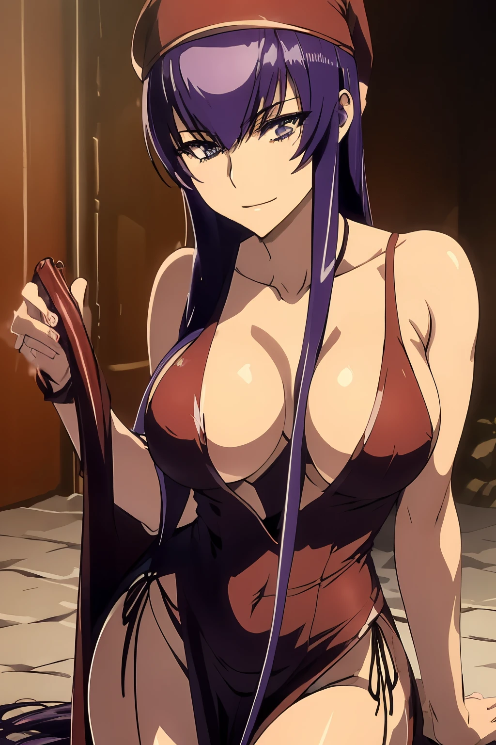 Saeko Busujima in a santa claus costume poses for a picture, santa, Disfraz de alta calidad, vestido rojo y sombrero, santa clause, Red dress and magic witch hat, phtoto en escala de grises con vestido rojo, dulce, santa claus, Elf girl, Primer plano de cuerpo completo, vestido de terciopelo rojo, Temporada de vacaciones, Plano medio cercano, full lenght shot