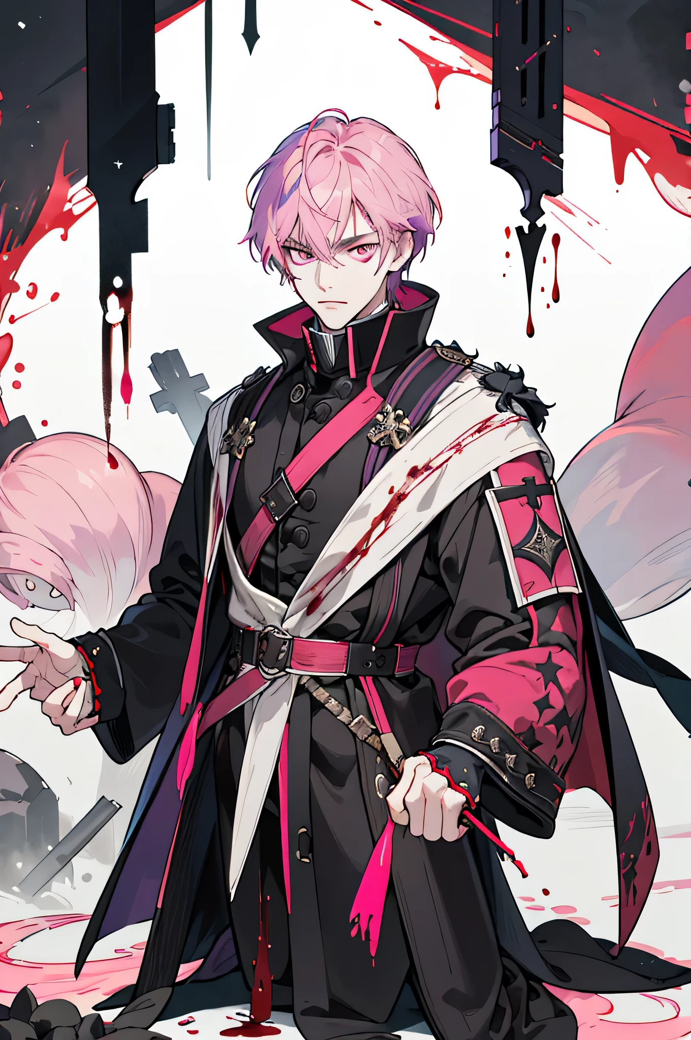 A tall man. mysterious and dark characters, Its presence exudes an ominous aura. it has black color, as resin, Hairsh, piercing redness of the eyes, a debilitating scarlet glow;. 18th century men's clothing, black with scarlet inserts. Who carried out the order to kill influential people. he has a blade in his hand, sprinkled with fresh blood;. s face, it does not express emotion.((violet and pink hair)),((Full body)),
