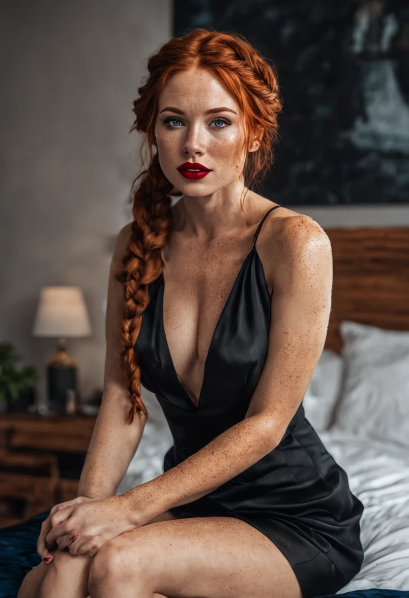 realistic photo of a beautiful redhead woman, front view, freckles, braided hair, blue eyes, big lips, red lipstick, she is sexy, breasts (((ROUND))), she is in a black dress, wearing high heels, in a bedroom sitting on the bed, she is all wet, raw and high quality 8k artwork, panoramic view