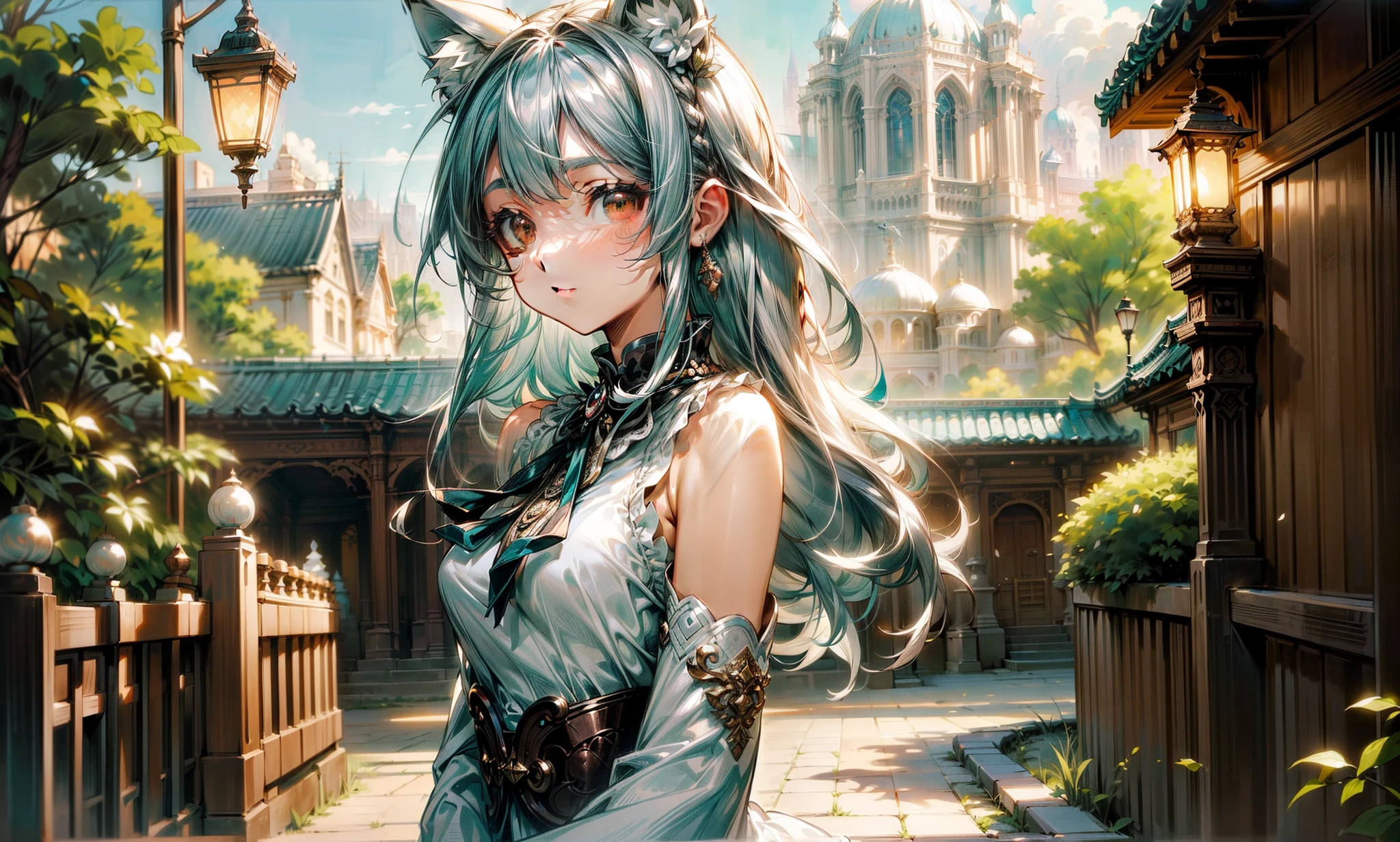 A (((dressed in a elegant white dress))), with (((long flowing gray teal hair))), (((brown eyes))), and (cat ears) that give off a distinctly anime vibe, standing confidently in front of ividly colored, ornate gate), as if posing for a beautiful illustration, against a backdrop of a serene, bustling cityscape