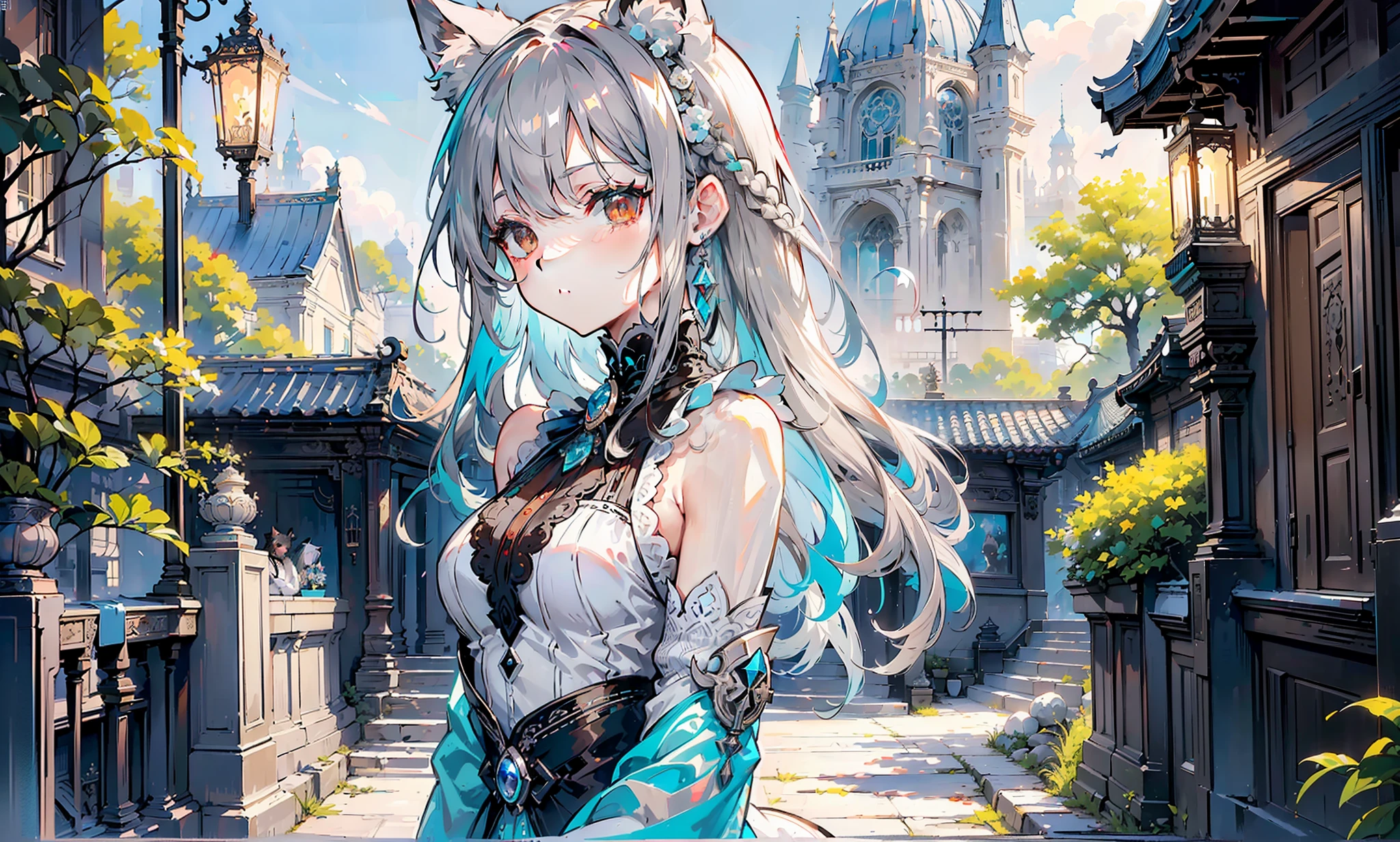 A (((dressed in a elegant white dress))), with (((long flowing gray teal hair))), (((brown eyes))), and (cat ears) that give off a distinctly anime vibe, standing confidently in front of ividly colored, ornate gate), as if posing for a beautiful illustration, against a backdrop of a serene, bustling cityscape