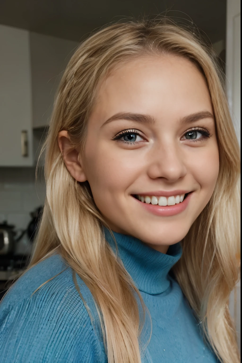 picture quality like an iPhone, human skin, skin pores, full body picture in the kitchen, hot cozy outfit, cut out, ausschnitt, laughing with beautiful teeth, happy face, at home, cute outfit, young and cute face, chubby, best quality, Meisterwerk, Realistisches Foto, Komplizierte Details, RAW-Foto, Ultra-detailliert, blondes haar, cute face, Körpchengröße B, blondes Haar, perfekte und blaue Augen, young woman, 20 Jahre alt
