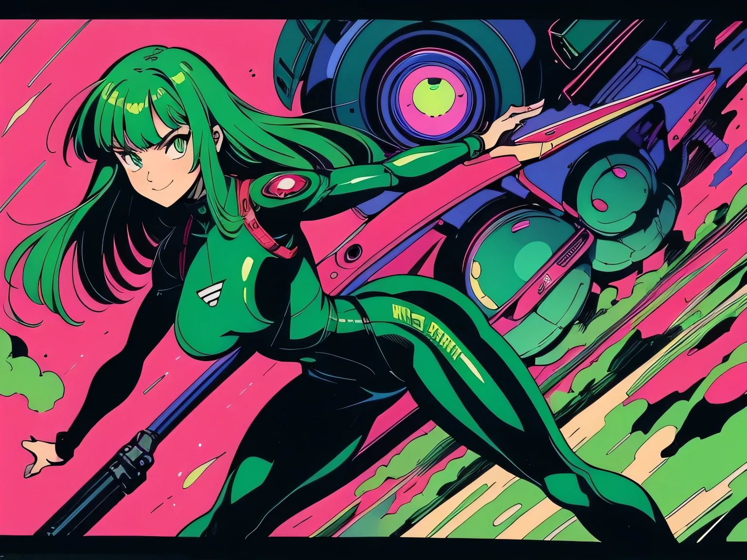 90's vintage anime, scifi, futuristic, robotics, weapons, guns, surrealism, akira style, torn body suit, detailed line art, fine details, Best quality, 1 girl, long green hair, green eyes, sneakers, bangs, medium breast, slim, smile, wide hips, looking at viewer, high res, ultra sharp, masterpiece