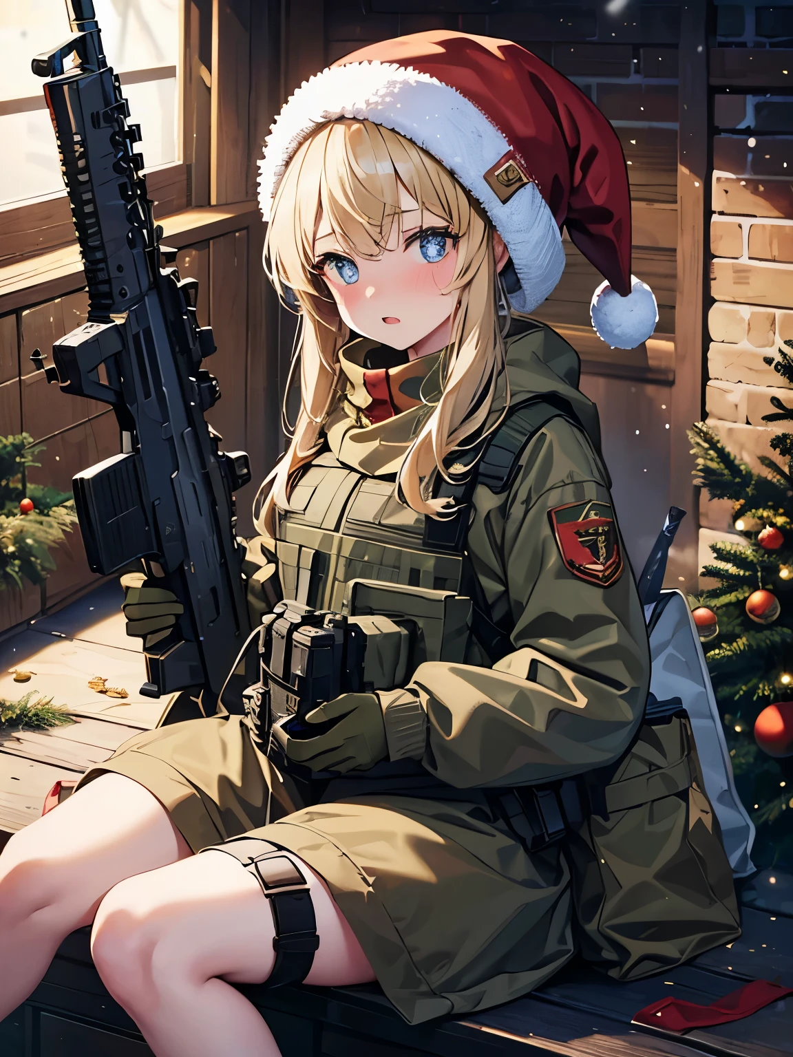 1girl, wide-eyed, constricted pupils, embarrassed,, masterpiece, best quality, highly detailed, Christmas hat, red Camouflaged military equipment,