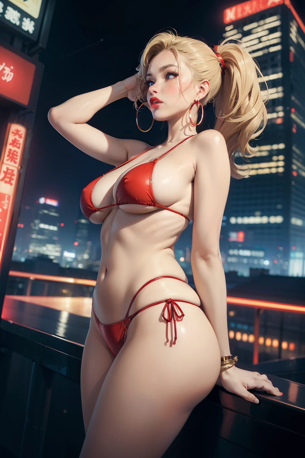 (masterpiece, best quality, cinematic, photorealistic, ultra-detailed), 1girl, (red lips, hoop earrings, puffy lips, thick lips.:1.2) (medium shot, from below), blonde hair, short twin-tails, wide hips, thick thighursting breasts), round ass, nightlife, cyberpunk city, futuristic cityscape, neon lights, (skyscraper:1.1), rooftop, rooftop swimming pool, (see-through red string bikini), city lights, alcohol, bar, tan skin, arms wide open
