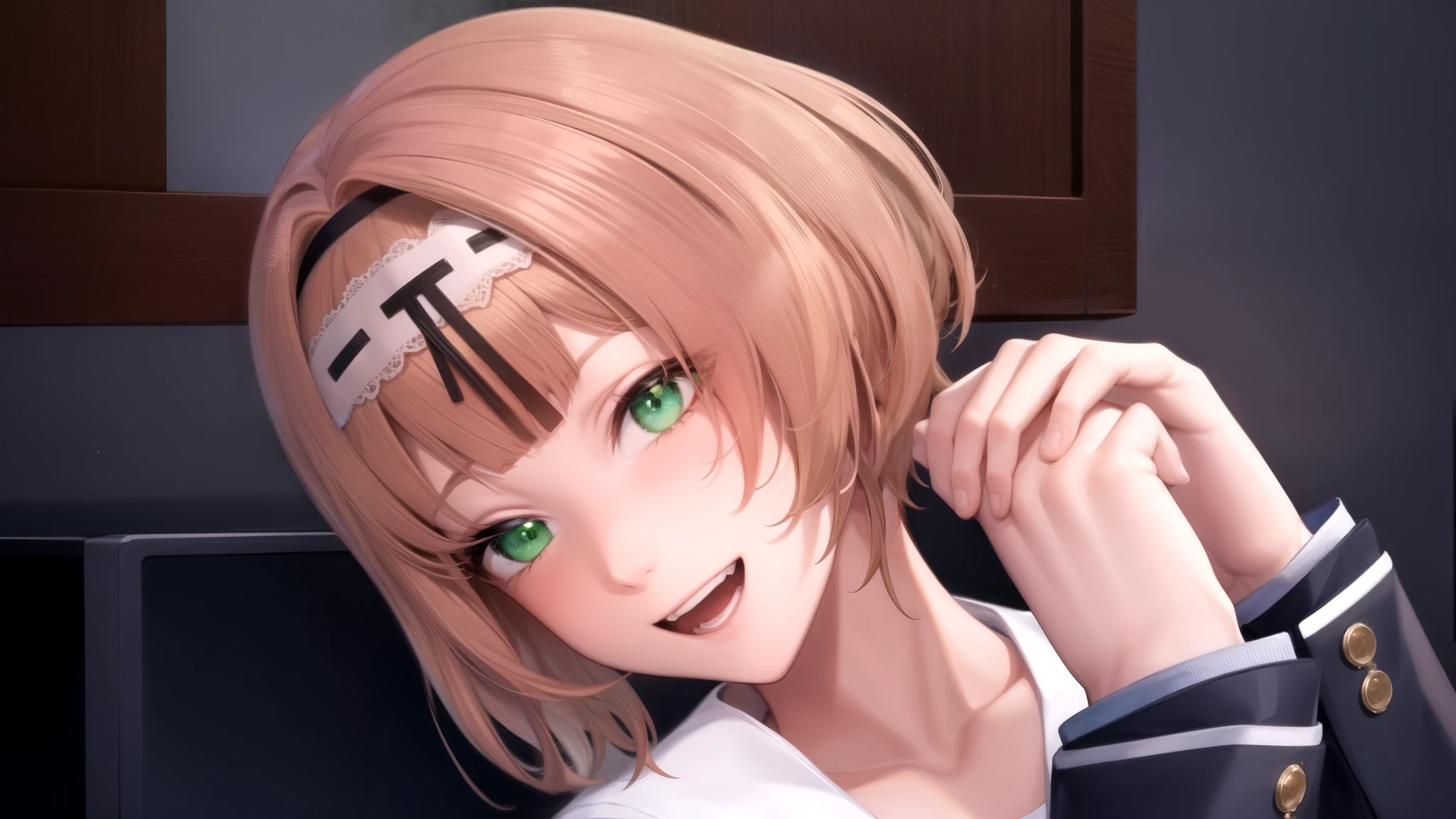 face focus, green eyes, school uniform, blonde hair, short hair, hairband, smile, open mouth, happy