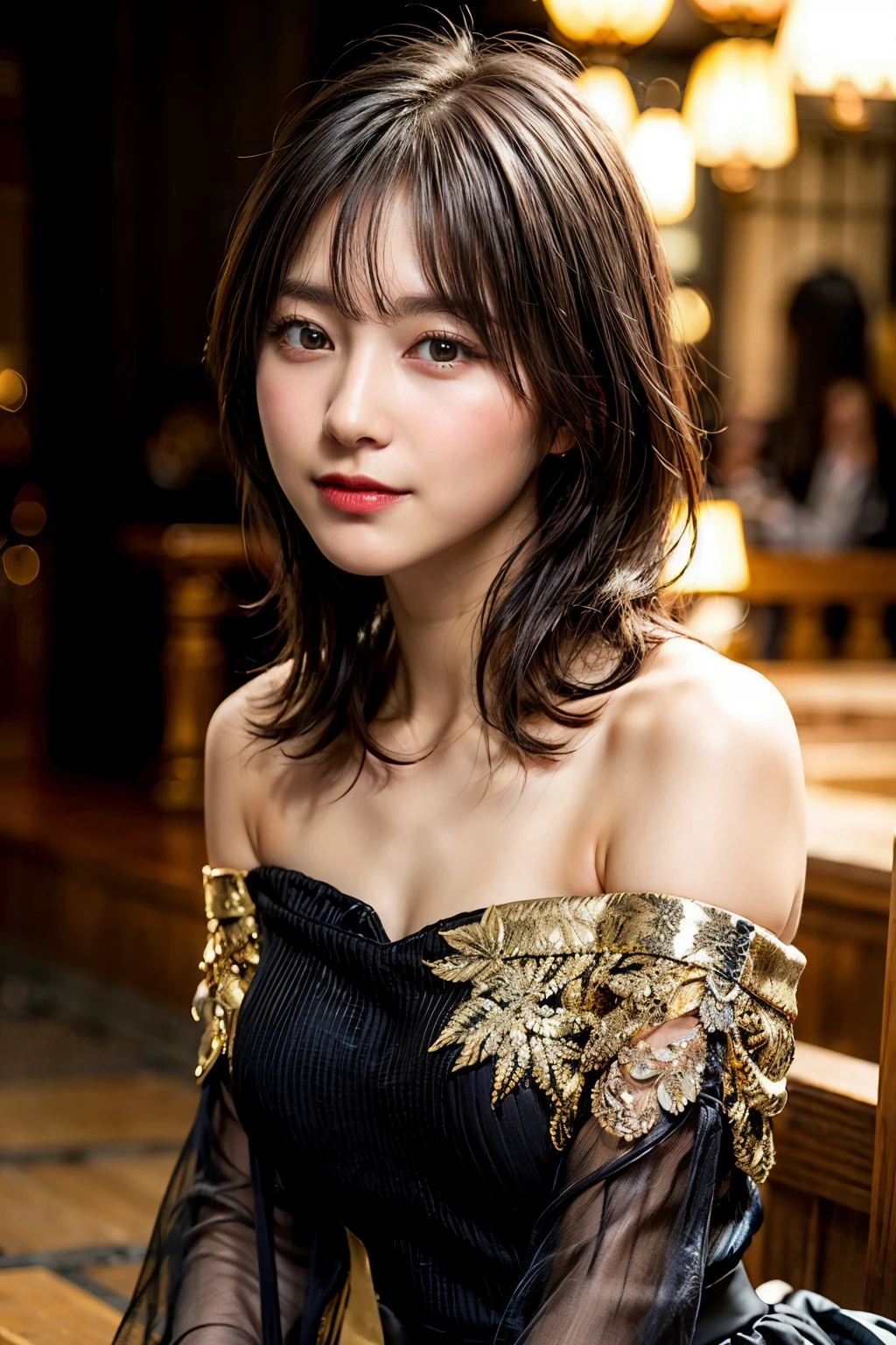 (Sweat:0.7),Black Wedding Dresses,Black short skirt,golden embroidery、Woman,Japanese,Exquisiteface, Beautiful face,Bare shoulders,Shoulders slightly exposed,Translucent skin,Black eyes,Black hair,(Photorealistic:1.4),Realistic details, High resolution,Bokeh,excellent details