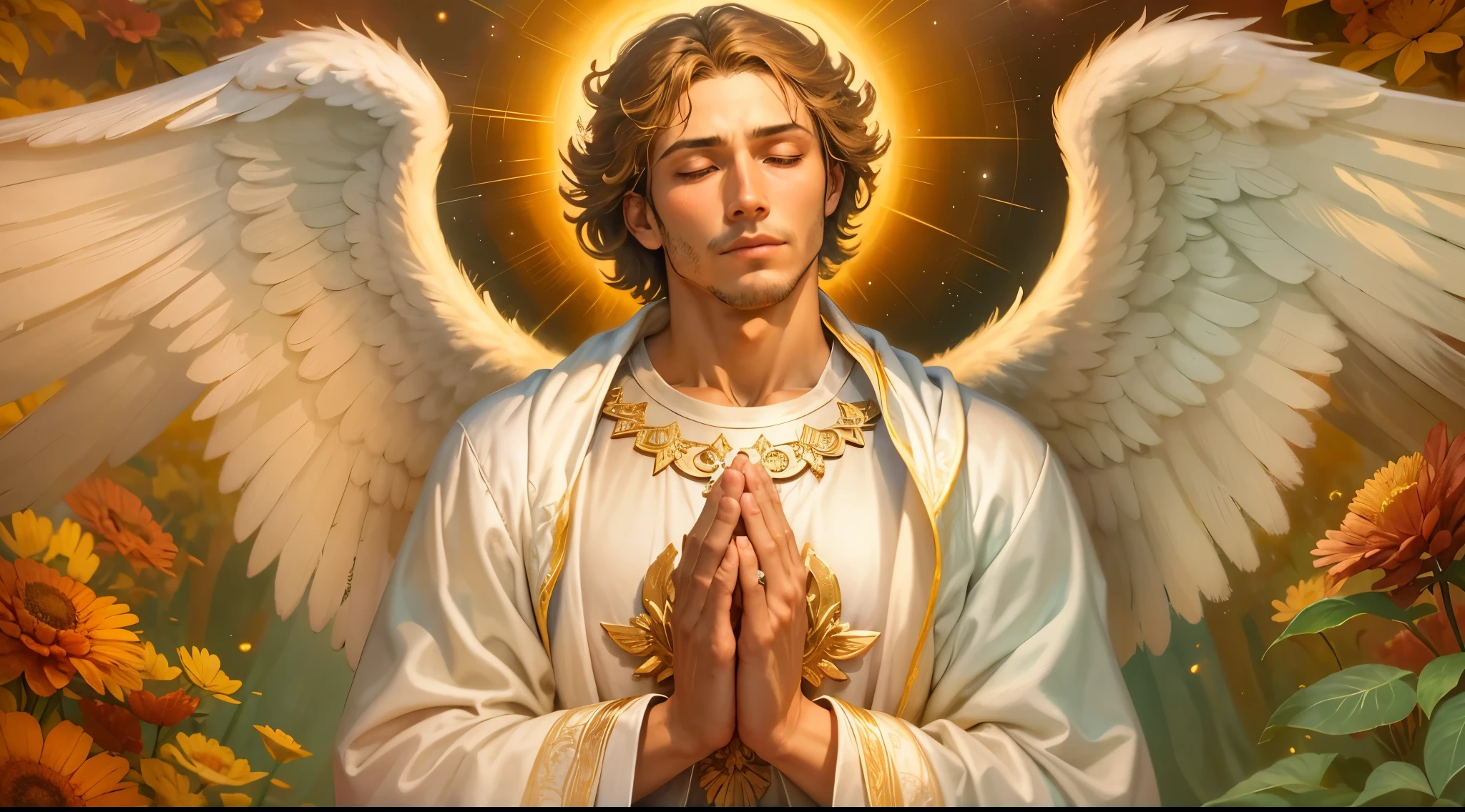 Closeup of an image of a man angel praying and blessing, arcanjo homem com asas grandes, o anjo da fortuna, perfeito, Reslistic, Biblical setting, celestial scenery, sol e nuvens ultras realistas, flores e velas, illuminated archangel of heaven, Passes em segundo plano, flores coloridas, velas acesas, roupas brancas e vermelhas