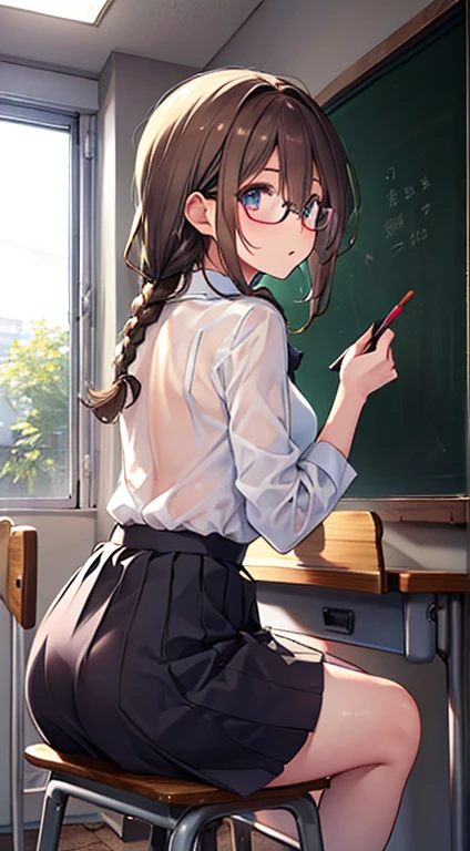 Braids、Brown hair、eye glasses、girl system、From directly behind、校服、shirt、skirt by the、See-through bra、‎Classroom、chalk board、視線はchalk board、sit a chair