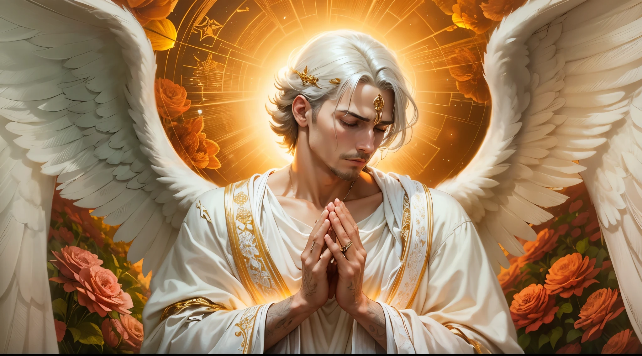 Closeup of an image of a man angel praying and blessing, arcanjo homem com asas grandes, o anjo da fortuna, perfeito, Reslistic, Biblical setting, celestial scenery, sol e nuvens ultras realistas, flores e velas, illuminated archangel of heaven, Passes em segundo plano, flores coloridas, velas acesas, roupas brancas e vermelhas