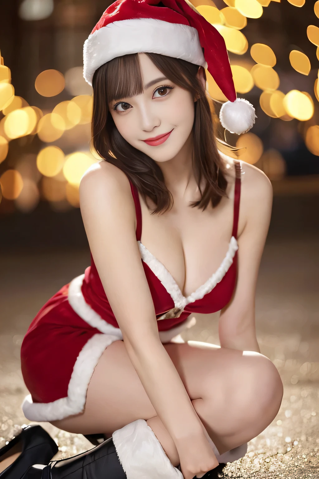 masutepiece, Best Quality, Illustration, Ultra-detailed, finely detail, hight resolution, 8K Wallpaper, Perfect dynamic composition, Beautiful detailed eyes, Women's Fashion,Very short hair,Small breasts natural color lip, Bold sexy poses,Smile,Christmas、20 years girl、Cute、Sexy shot looking at camera、santa costume,heel,full body Esbian