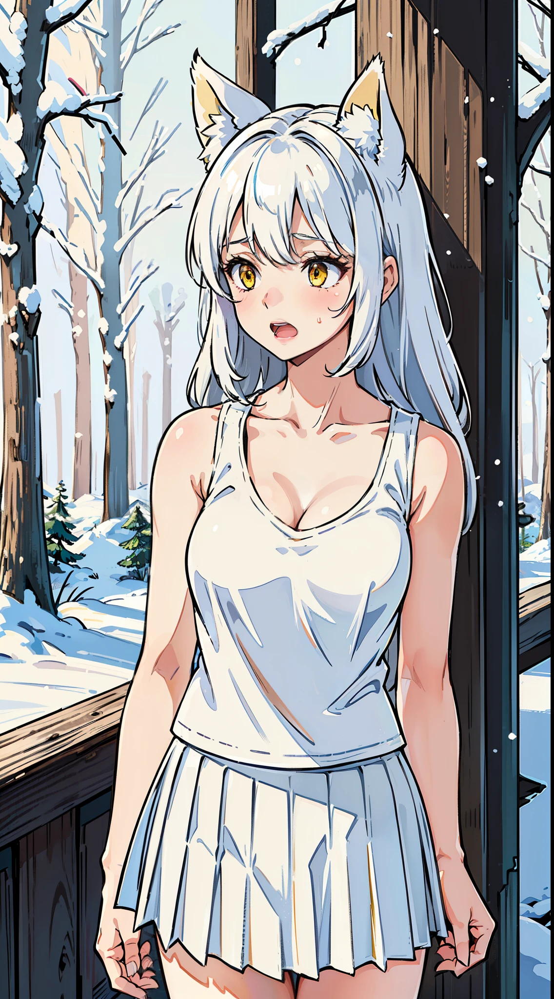 1girl,solo,medium breasts,mature female,((white sleeveless and shoulderless t-shirt,cleavage)),(((white pleated skirt))),silver hair,long hair,yellow eyes,fox ears,((snow,in forest)),looking away,standing,from front, blush, scared,open mouth,