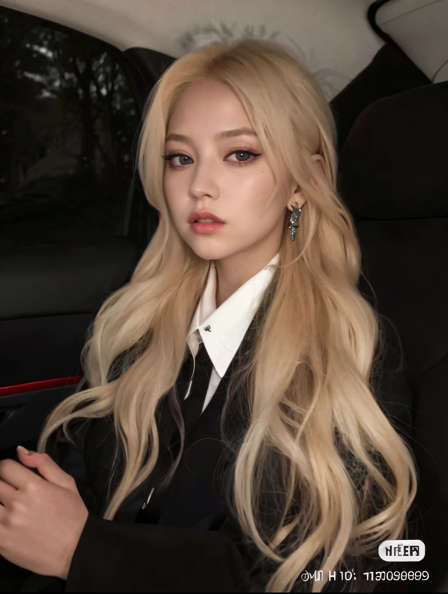 arafed woman with long blonde hair sitting in a car, ava max, long blonde hair and large eyes, with long blond hair, long blonde hair and big eyes, cl, her hair is white, with white long hair, with long white hair, with very long blonde hair, roseanne park of blackpink, blonde hair and large eyes, she has blond hair