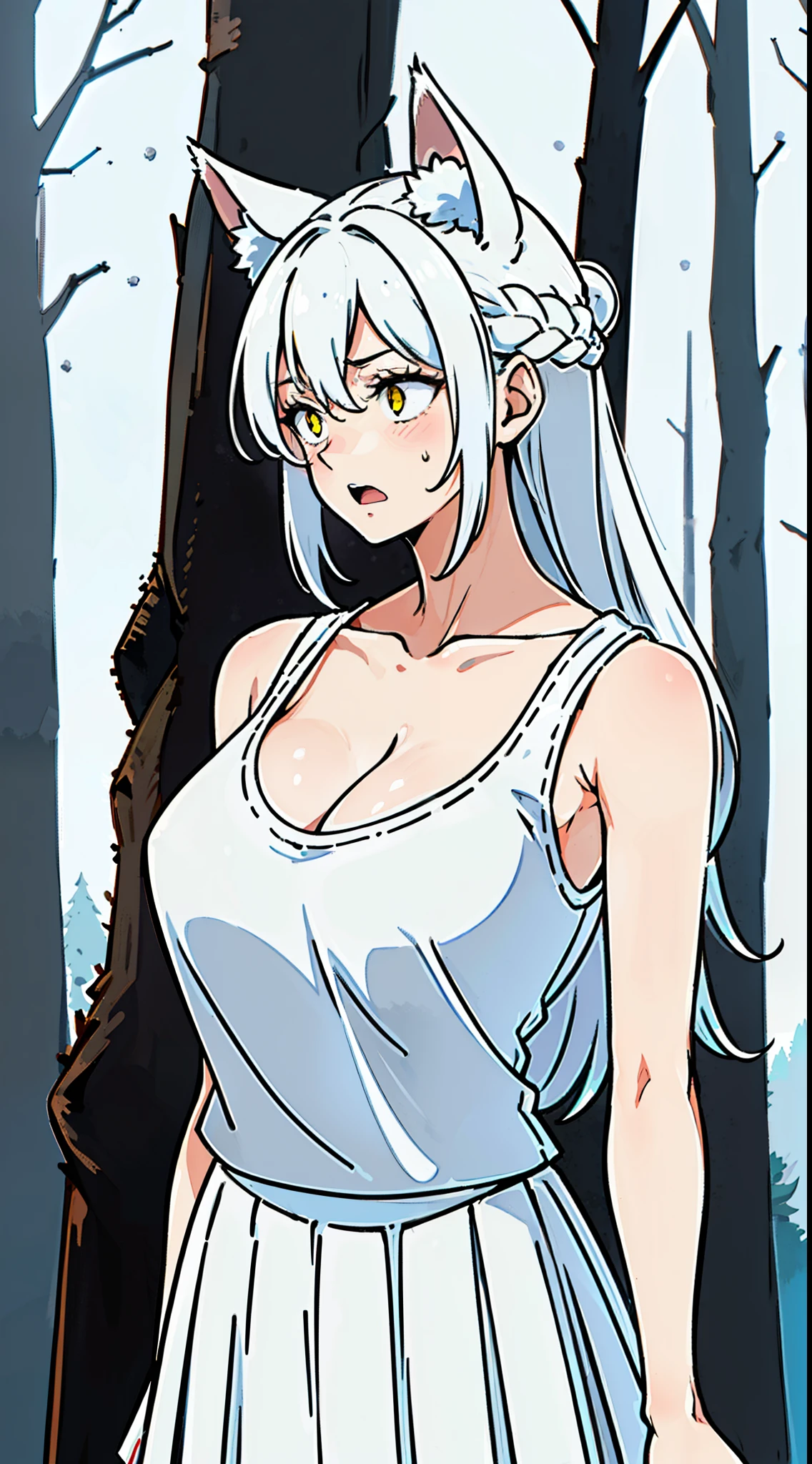 1girl,solo,medium breasts,mature female,((white sleeveless and shoulderless t-shirt,cleavage)),(((white pleated skirt))),silver hair,long hair,yellow eyes,fox ears,((snow,in forest)),looking away,standing,from front, blush, scared,open mouth,