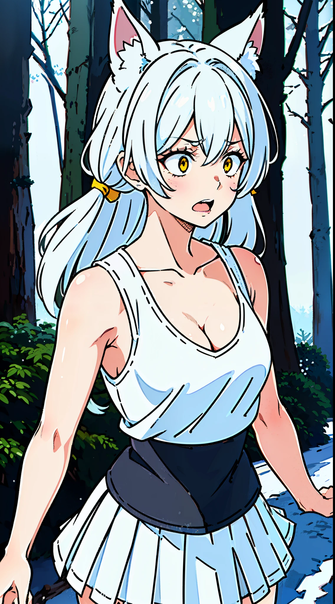 1girl,solo,medium breasts,mature female,((white sleeveless and shoulderless t-shirt,cleavage)),(((white pleated skirt))),silver hair,long hair,yellow eyes,fox ears,((snow,in forest)),looking away,standing,from front, blush, scared,open mouth,