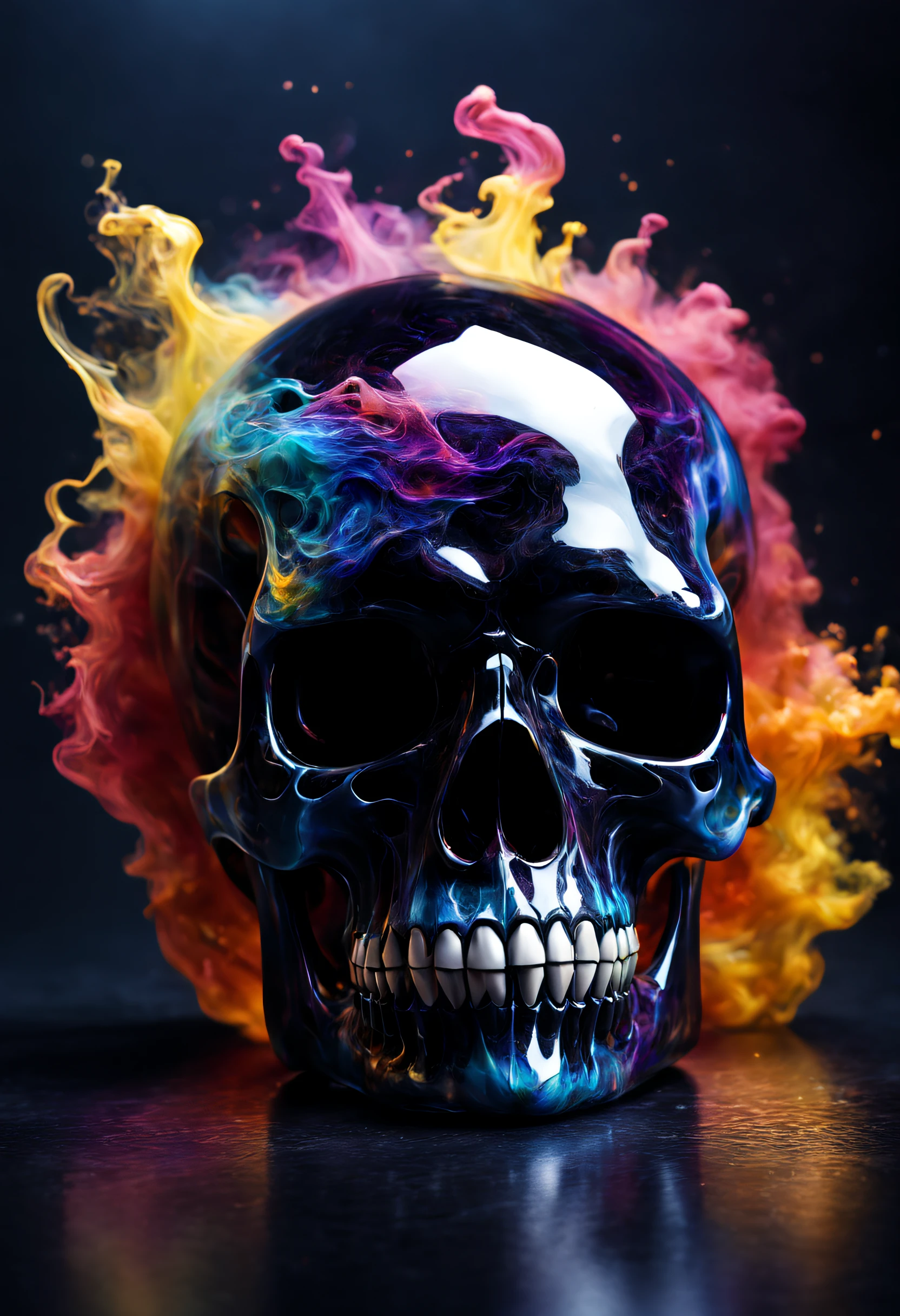 A beautiful realistic magestic darkness glass skull with a coat made of a magnificent colored and fired storm, It's textured and beautiful with lot of multicolored flying dust